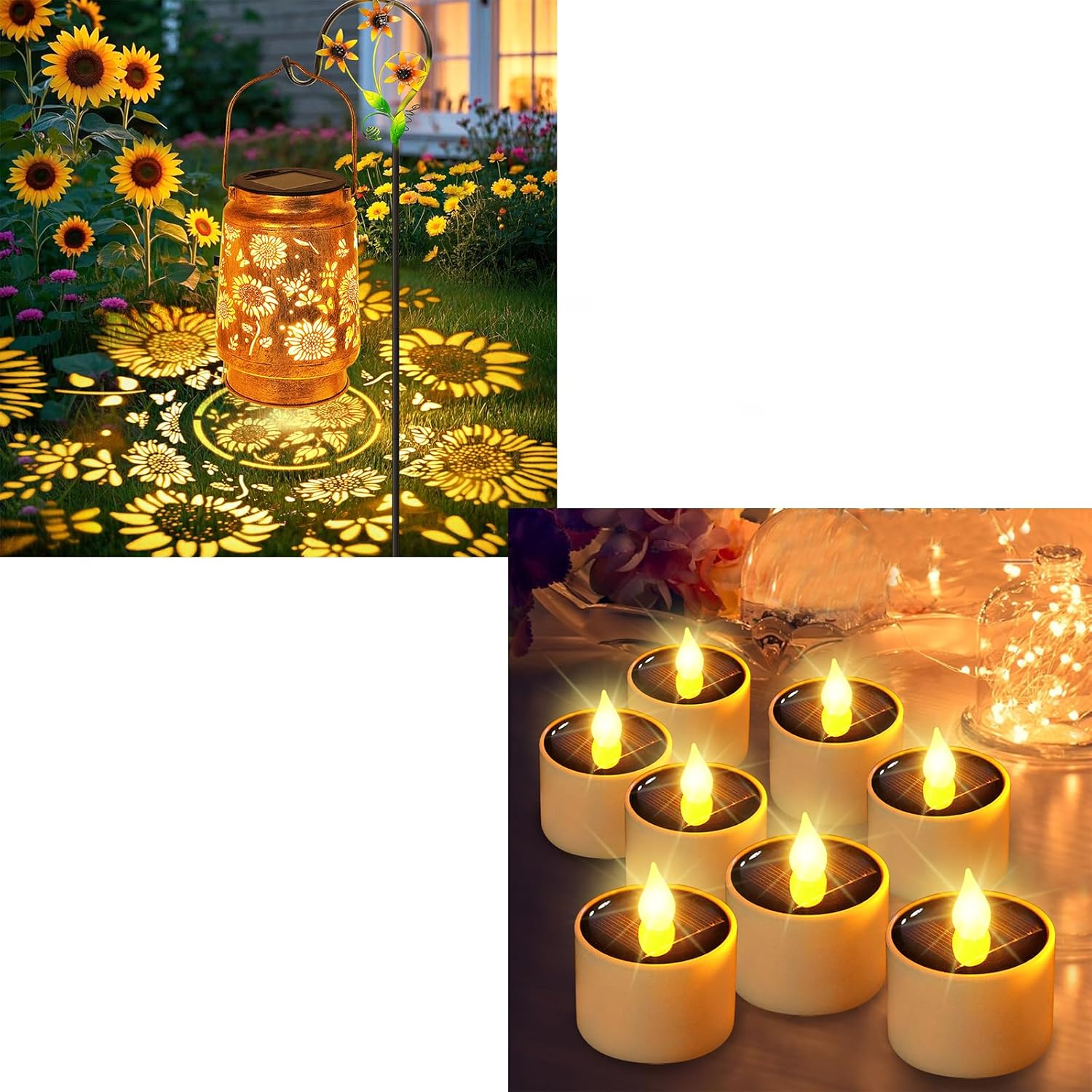 1 Pack Sunflower Solar Lanterns Garden Decor + 8 Pack Solar Tea Lights Outdoor Waterproof