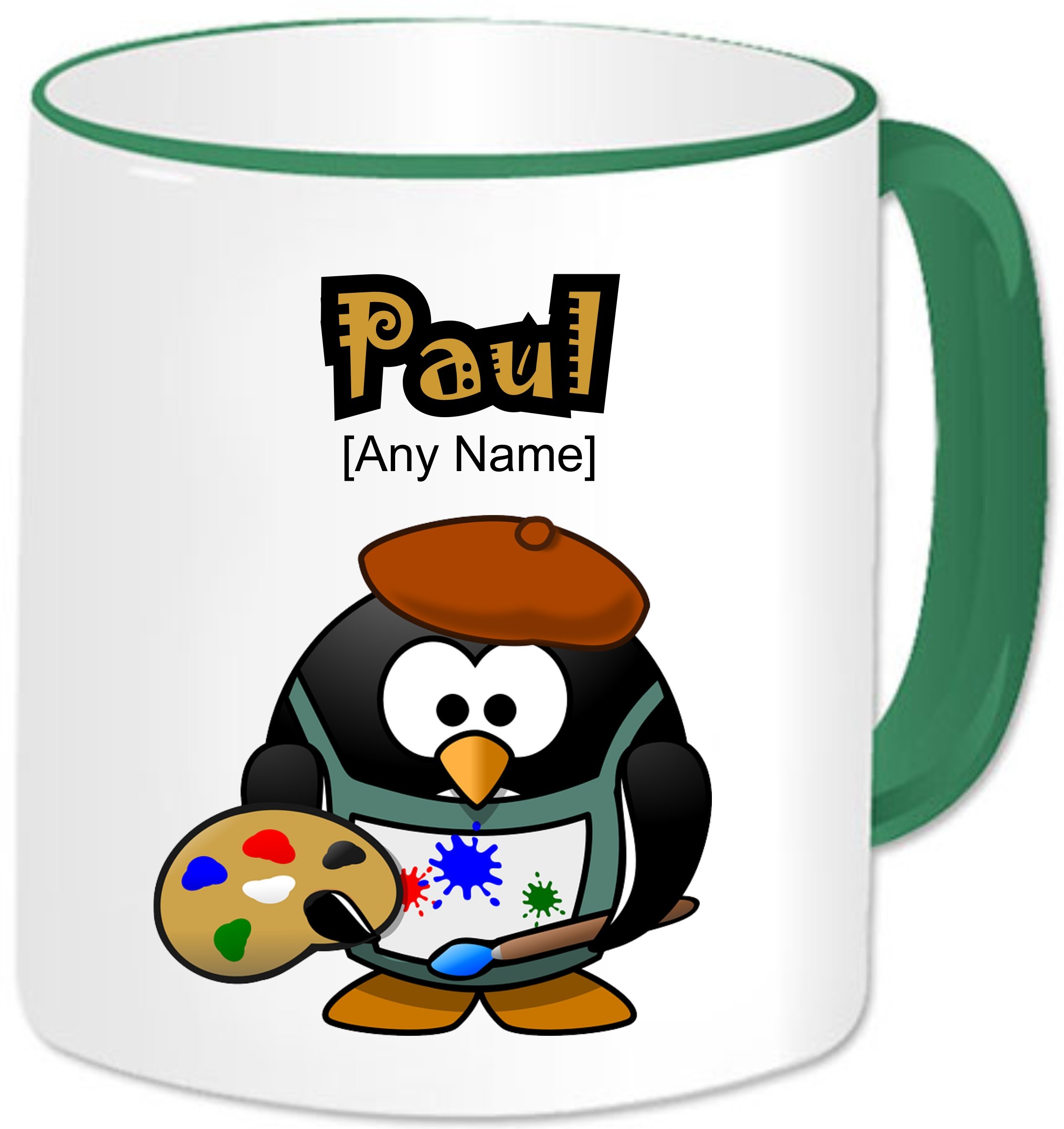 Personalised Gift - Artist Penguin Coffee Tea 11oz Mug. Any Name Any Message. (Green Handle & Rim)