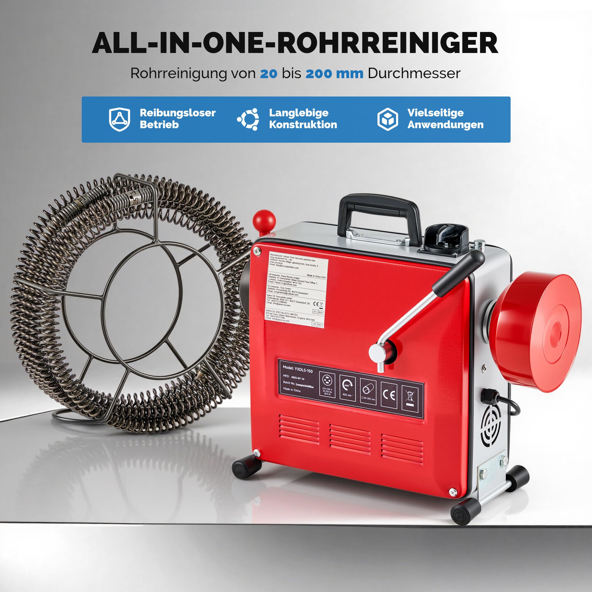 ZELCAN Rohrreinigungsgerät elektrisch, 850W Motor, 6 Aufsätze, Spiralen mit 10/16/22 mm Durchmesser, 450 U/min, passend für Rohre von 20–200 mm, ideal für Abwasserrohre, Toiletten und Kanalsysteme