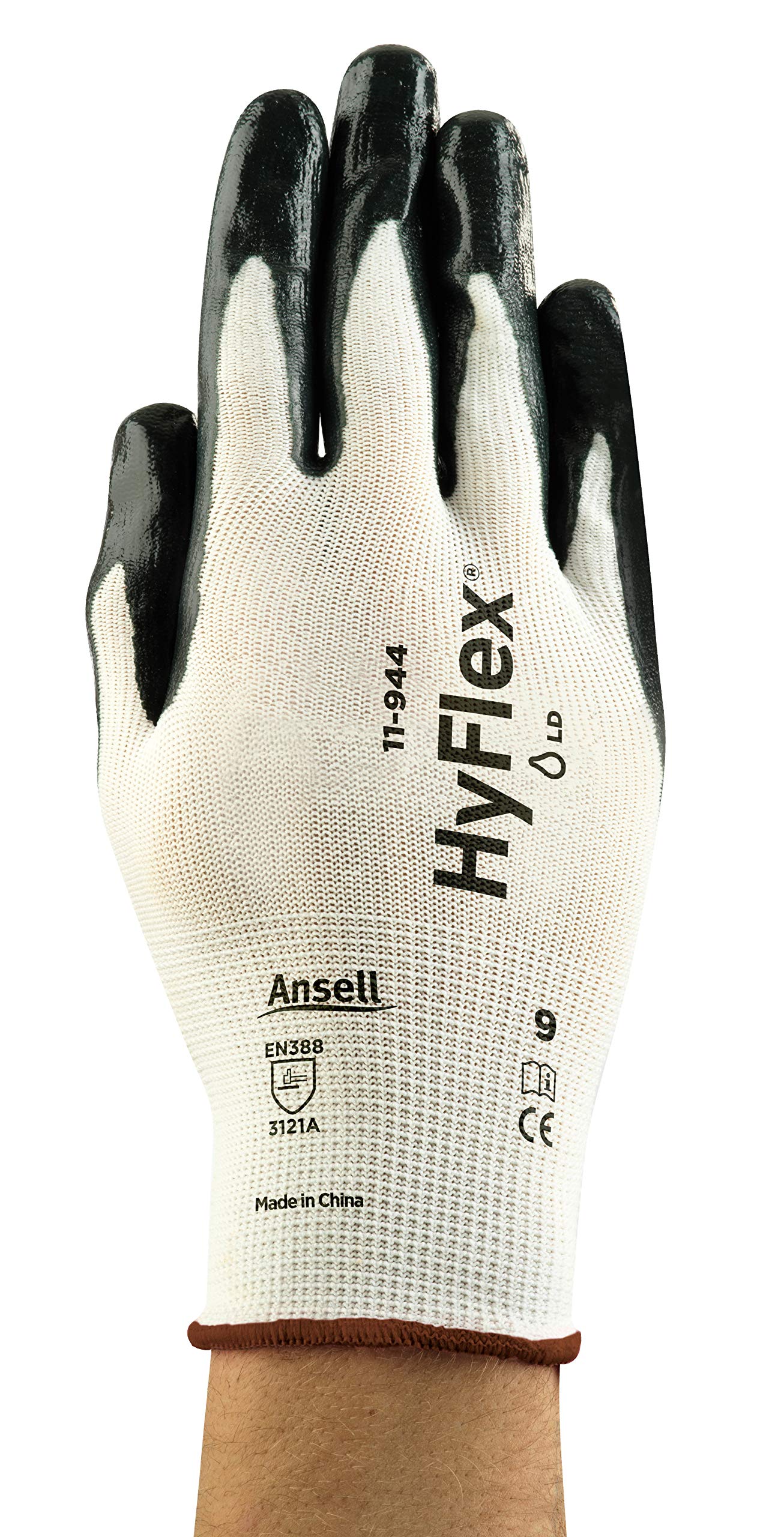 Ansell HyFlex 11-944 Gants de Travail Oléofuges, Résistant à l’Abrasion, Protection Mécanique et Risques Industriels, Gant de Sécurité Homme Femme, Lavable, Noir, Taille L (12 Paires)