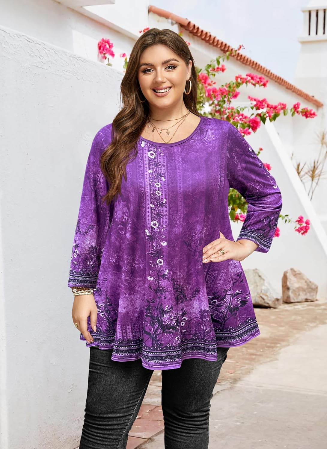 Womens Tunic Tops 3/4 Sleeve Plus Size Crew Neck Swing Flare Loose Fit T-Shirt Blouses to Wear with Leggings - Image 6