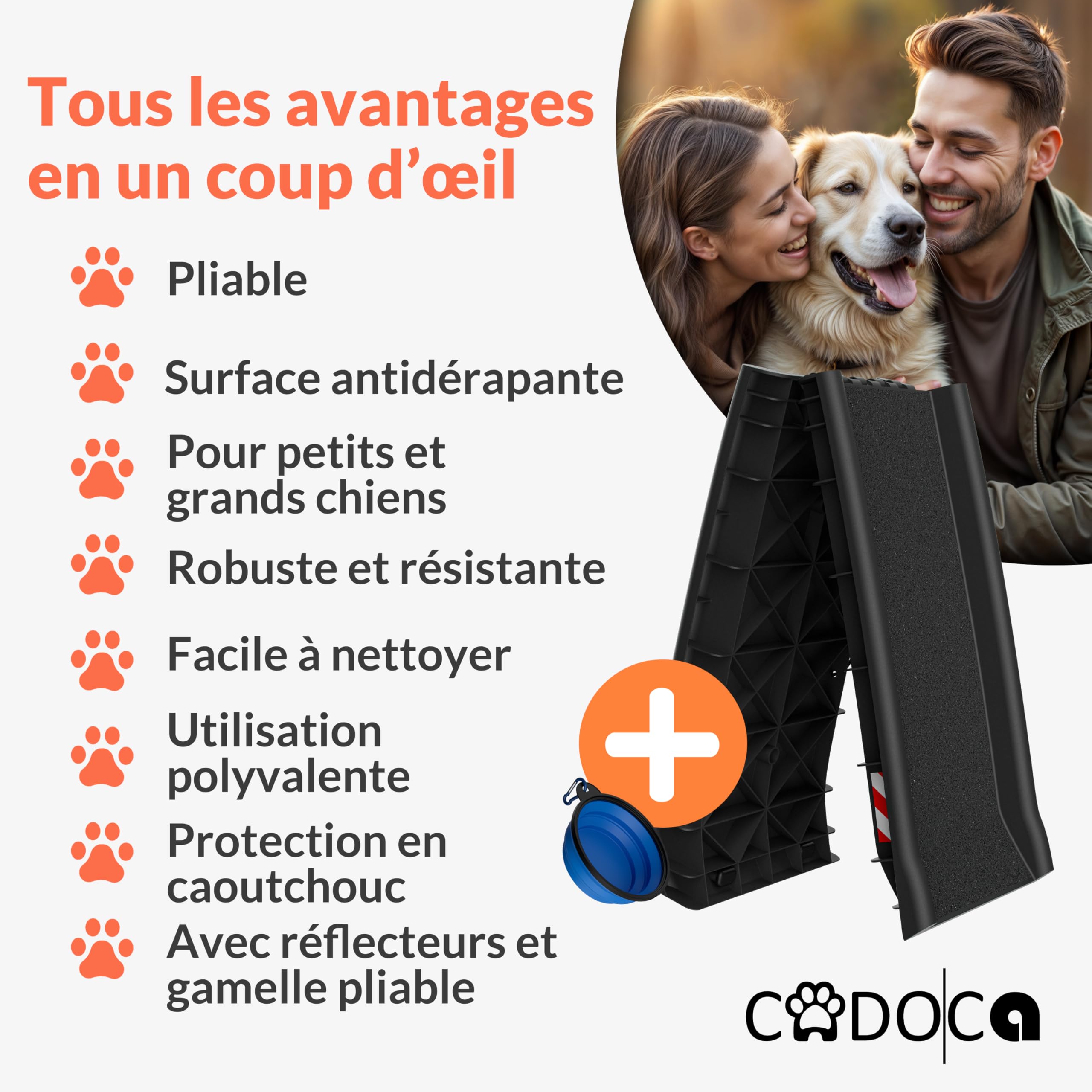 Rampe Pliable pour Chiens avec Réflecteurs Capacité de Charge 90kg Robuste CADOCA