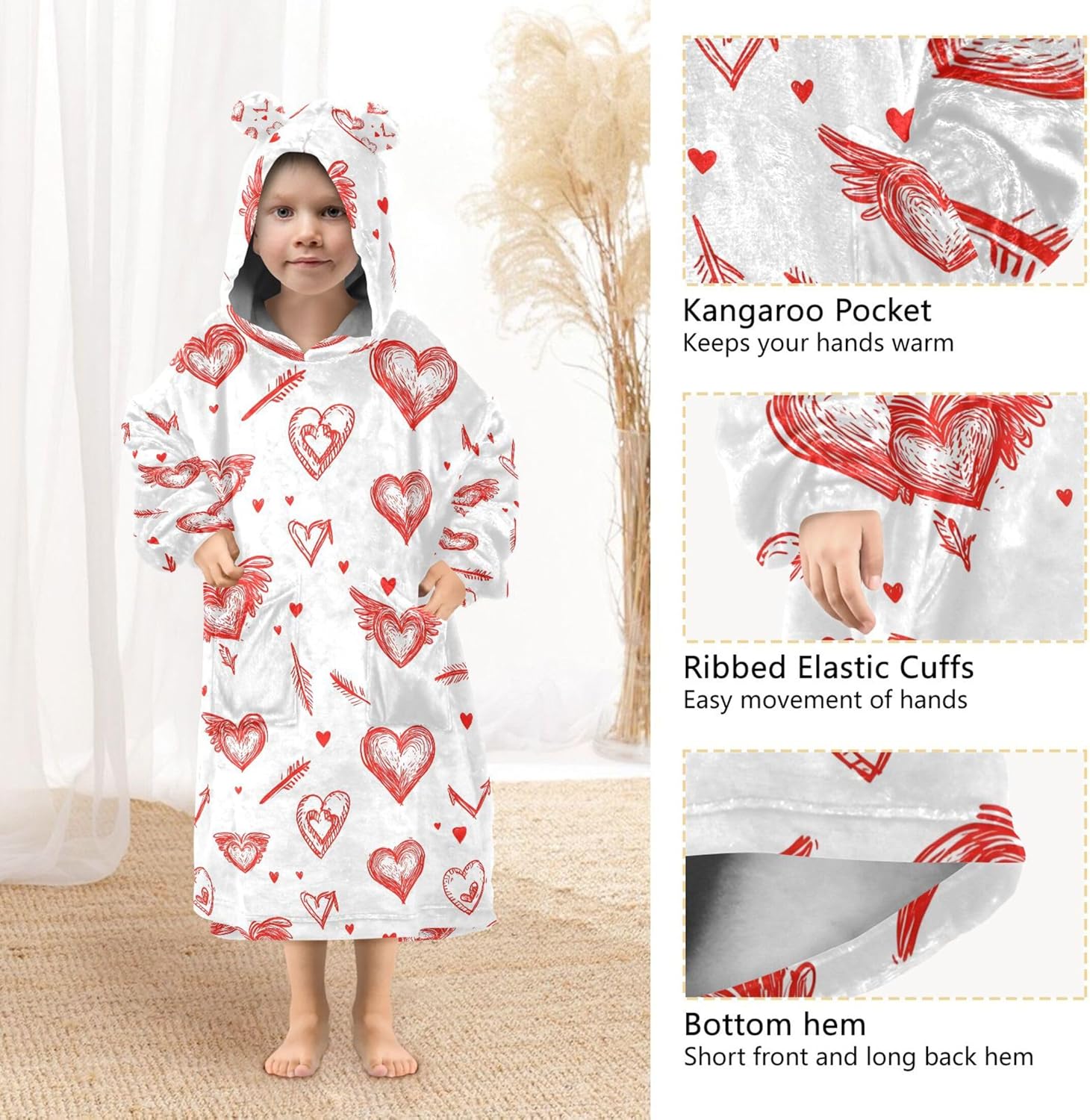 Valentine Heart Kids Wearable Blanket Hoodie with Pocket and Sleeves for Toddlers, Cute Hoodies Girls Boys B0403609