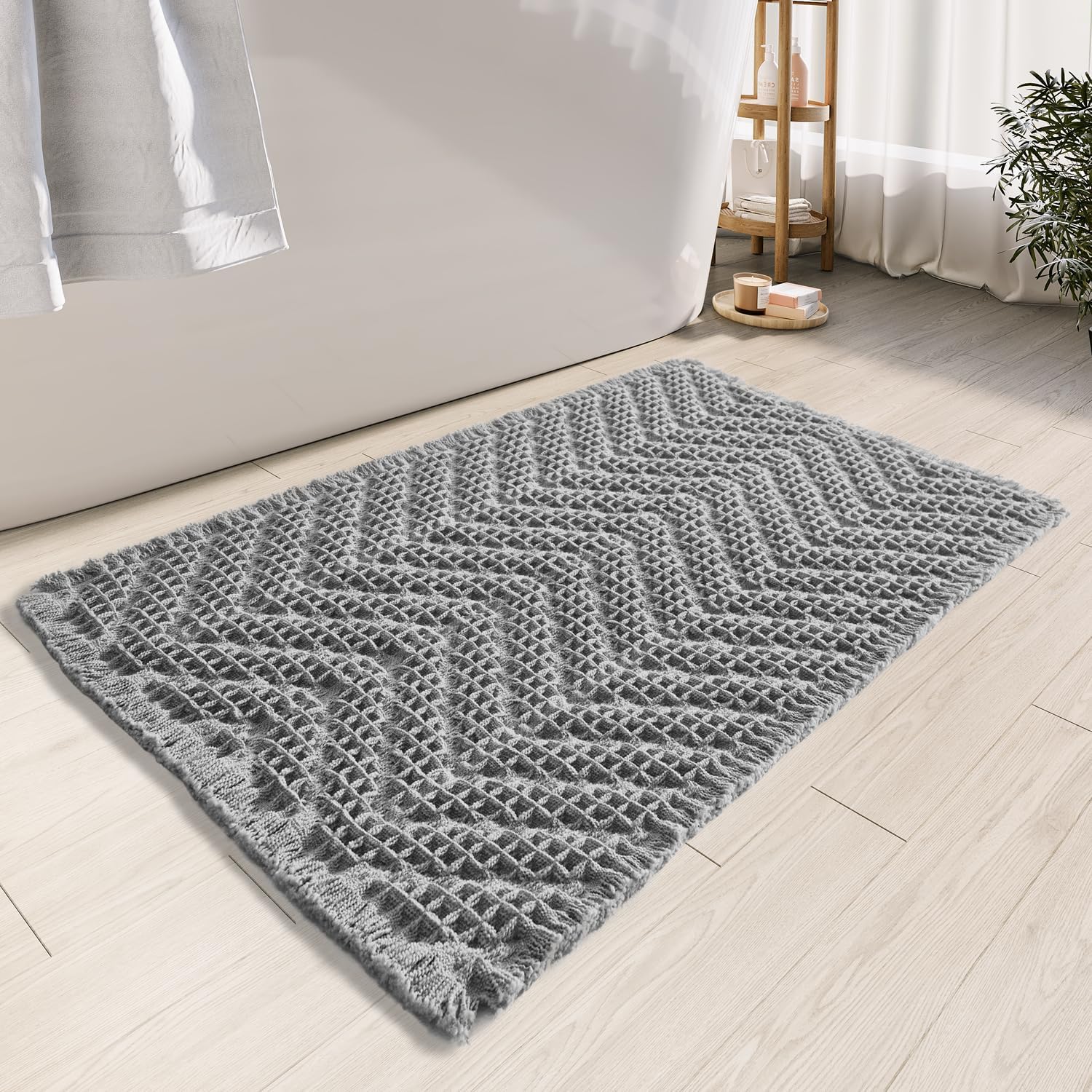 BULULOM Bath Rugs,Upgraded Waffle Bath Mat,Super Absorbent Boho Bath Rug Non Slip Bath Rugs,Machine Washable Rugs, Rubber Backed Shower Matt, Ultra