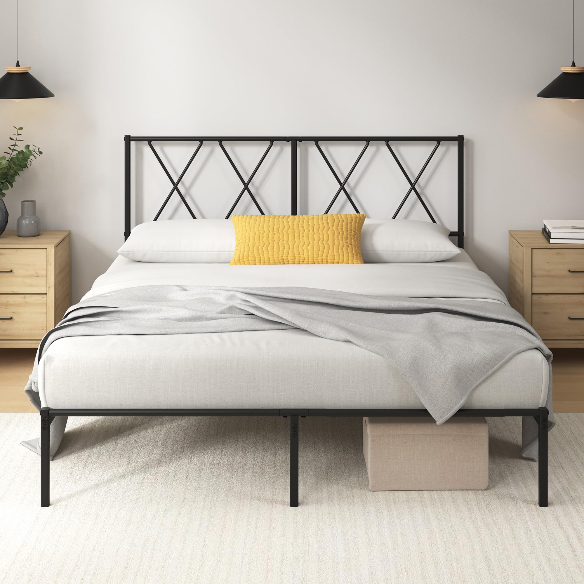 Zinus Elias Sommier 140x190 cm avec Lattes en Métal - Cadre & Tête de Lit 2 Personnes en- Hauteur 30 cm pour Rangement - Montage Facile - Noir