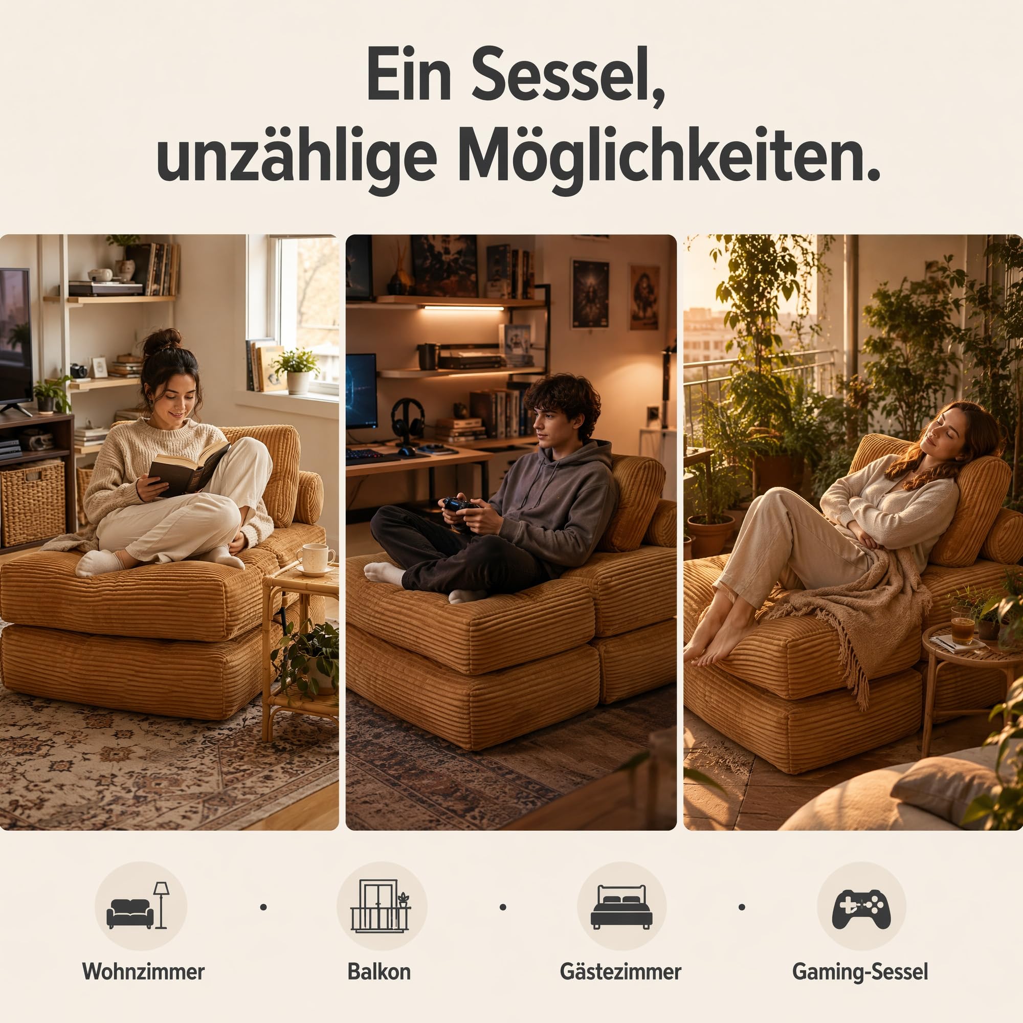 Schlafsessel mit Schlaffunktion Cord Beige - 2-in-1 Klappsofa Gästebett