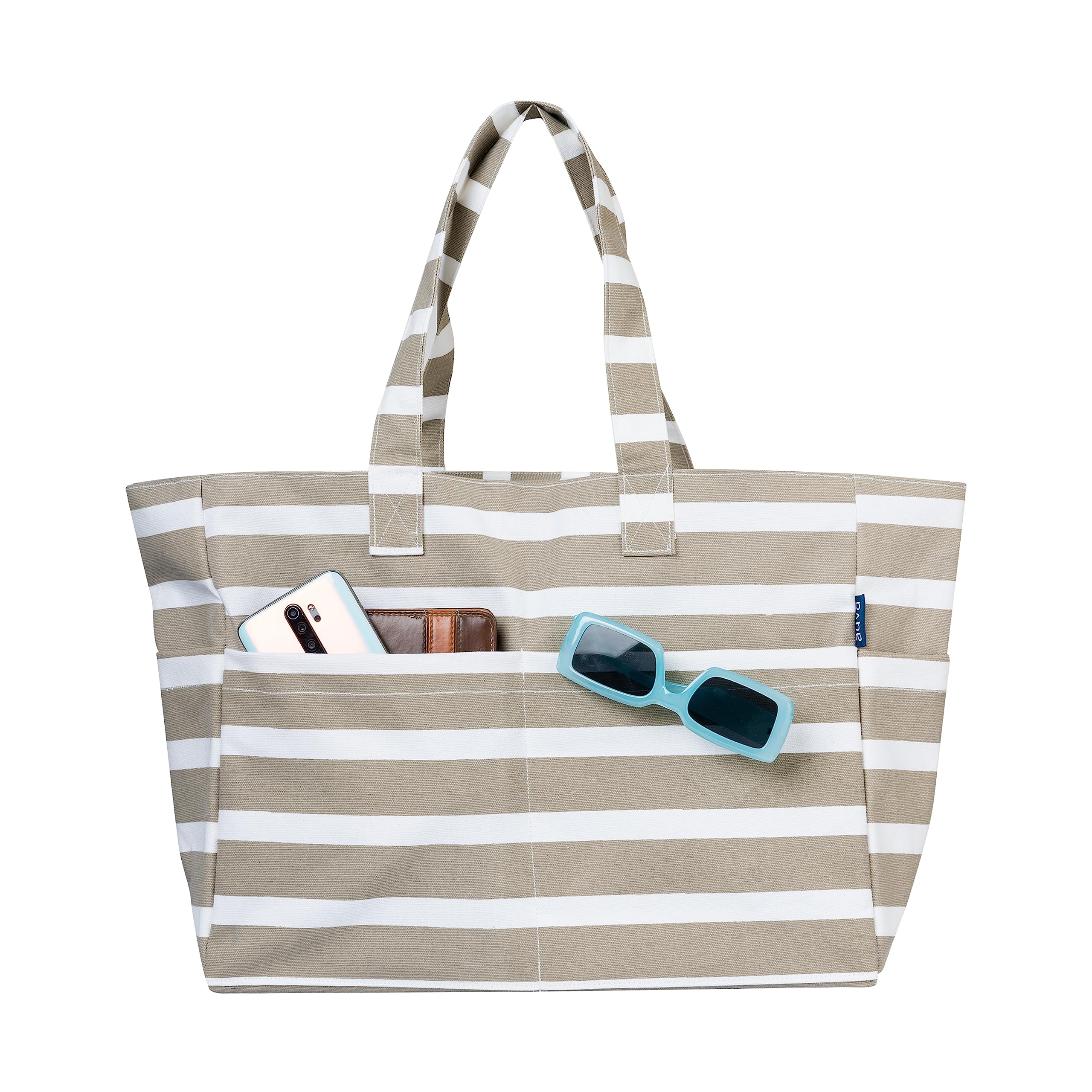 AQVA Large Printed Canvas Beach Pool Bag For Women | 16 x 12.5 Inch - 100% Cotton Tote With Zipper, 4 Pocket Outside & Inside Pocket, Casual, Travel Fashion