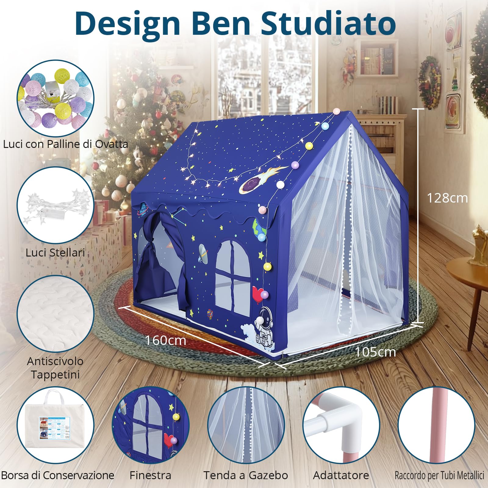 Tenda da Gioco per Bambini a Tema Spaziale con Luci LED a Stelle | Capanna di Grandi Dimensioni 160×105×128cm per Interno ed Esterno con 2 Porte e Tappetino Antiscivolo, Montaggio in 15 Minuti