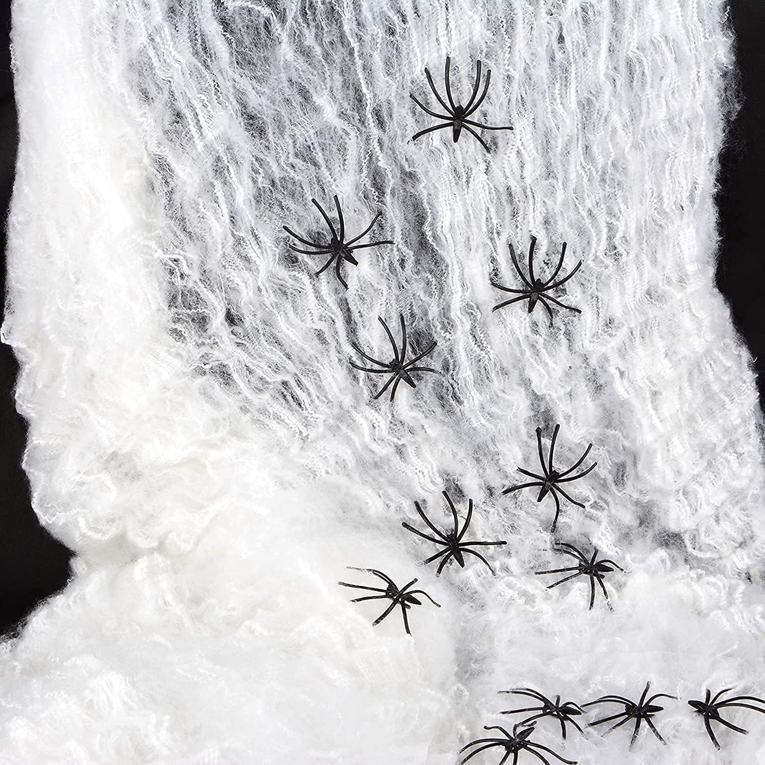 Spooky Halloween Spider Web with 4 Black Spiders – Indoor & Outdoor Halloween Decorations – Stretchable 40 gms White Cobweb for Yard, Haunted House Halloween Supplies and Decor