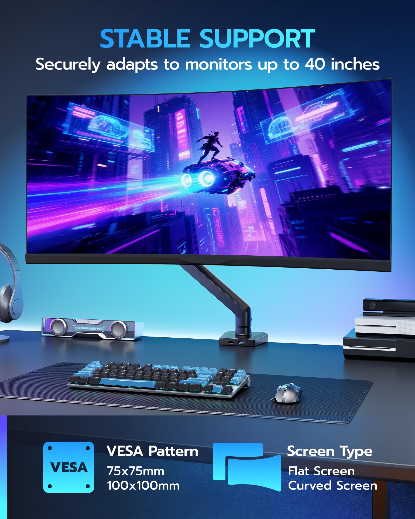 ARES WING Braccio per monitor singolo resistente, completamente regolabile, per schermi Ultrawide da 17"-40" fino a 12 kg, con morsetto/occhiello da scrivania e USB A/C, supporto Vesa 75/100, nero