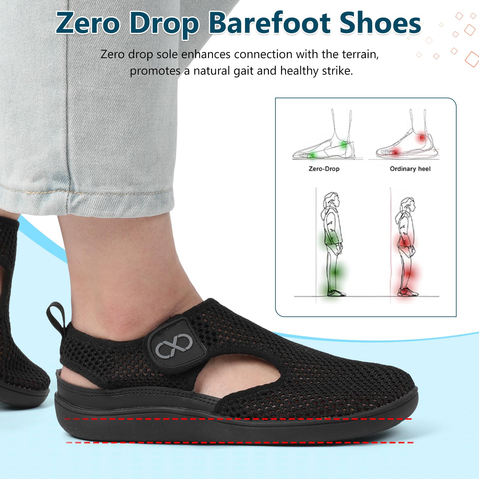 JOINFREE Womens Mesh Walking Sandals Closed Toe Breathable Air Knit Summer Shoes Adjustable Wide Toe Box Zero Drop Barefoot Sneakers for Beach Travel Camping Daily Wear Non-Slip — view 6