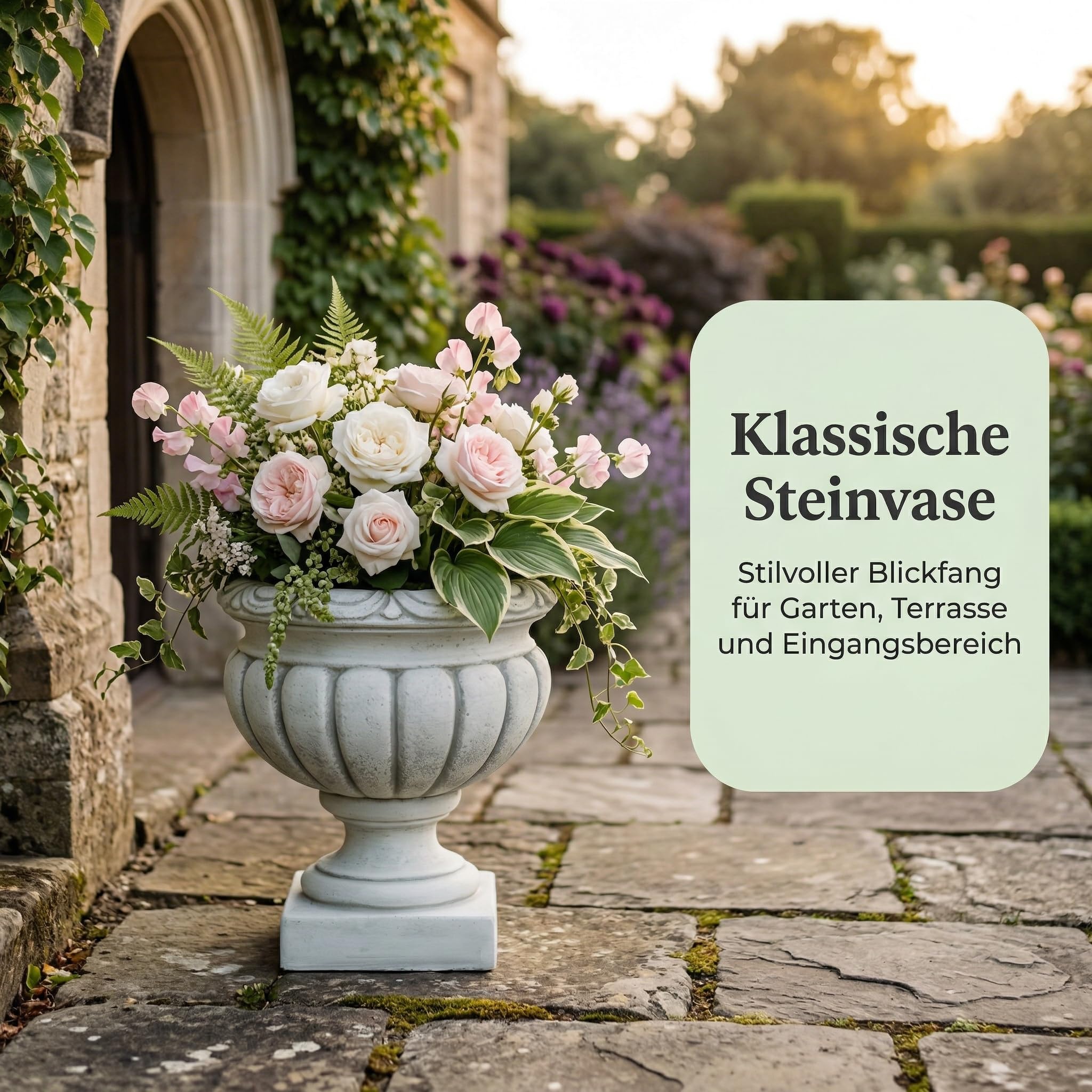 gartendekoparadies.de Klassische Pflanzvase, Pflanzgefäß für Garten & Terrasse, Ø 30 cm, H 32 cm, Grau, 5 L, 14 kg, Weißbeton/Steinguss, frostsicher bis -30 °C