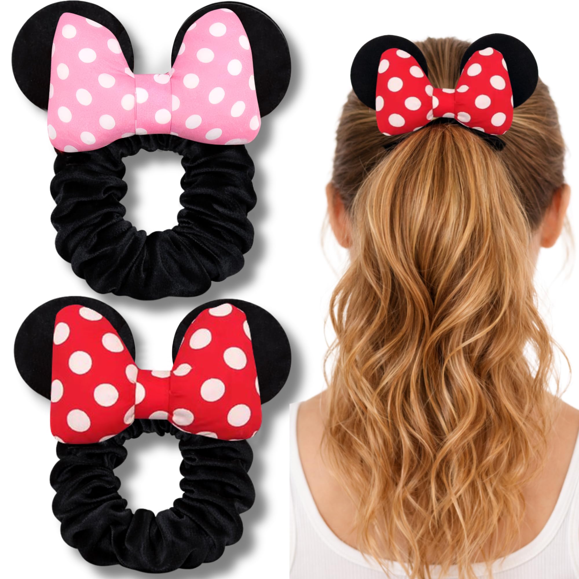 Styla Hair Scrunchies for Kids and Women - 2pk Velvet Bow Scrunchies with Sparkle Sequins Hair Bands for Pony Tails (Red White Puff Dot)