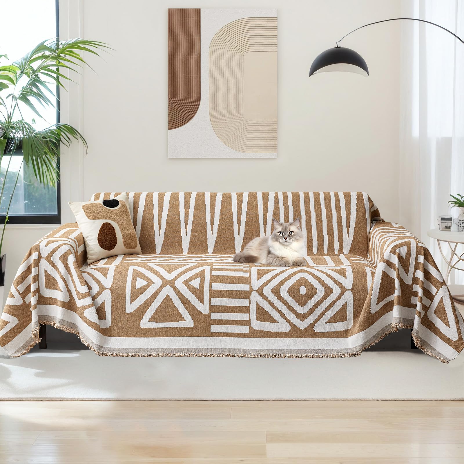 MIFXIN Chenille Reversible Sofa Slipcover for Corner Sofa, Boho Sofa Cover for 2 3 4 Seater L-Shaped Sofa Cover, Sofa CoverPet for Proof & Machine Washable (With Tassels) (Khaki, 180 * 340) โ image 1