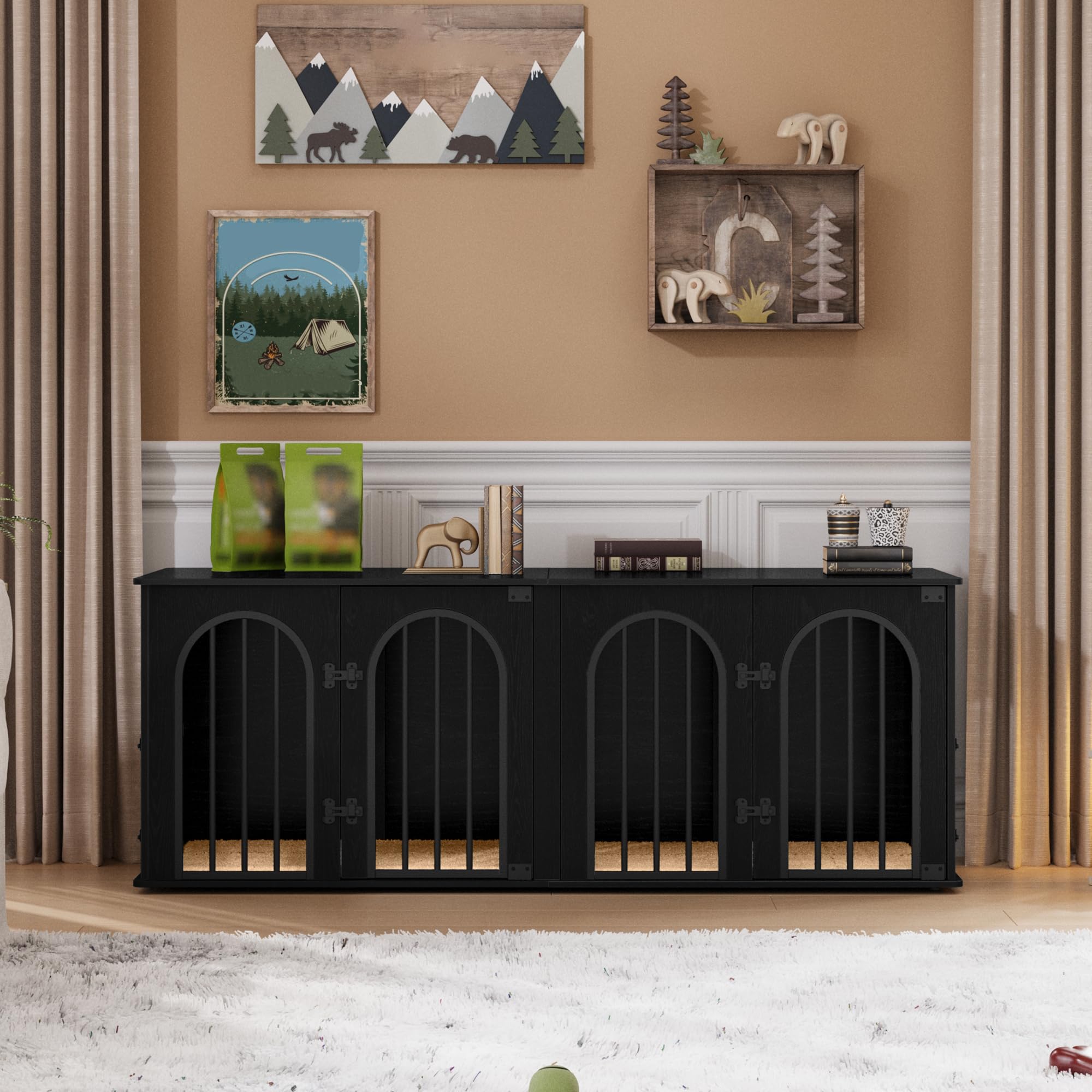 Hzuaneri 63" Dog Crate Furniture for 2 Dogs, Heavy Duty Indoor Dog Kennel TV Stand, L Wooden Dog Cage with Divider for Medium Large Dogs, End Table Dog Crate with Cushion, Black DFC80904B - image 3