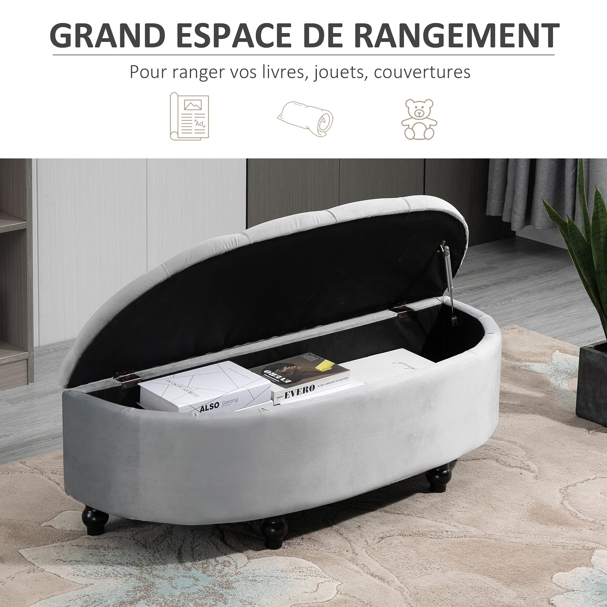 HOMCOM Pouf Rotondo Con Coperchio - Poggiapiedi In Pile Con Gambe Legno, 45 Cm, Storage 40.5L