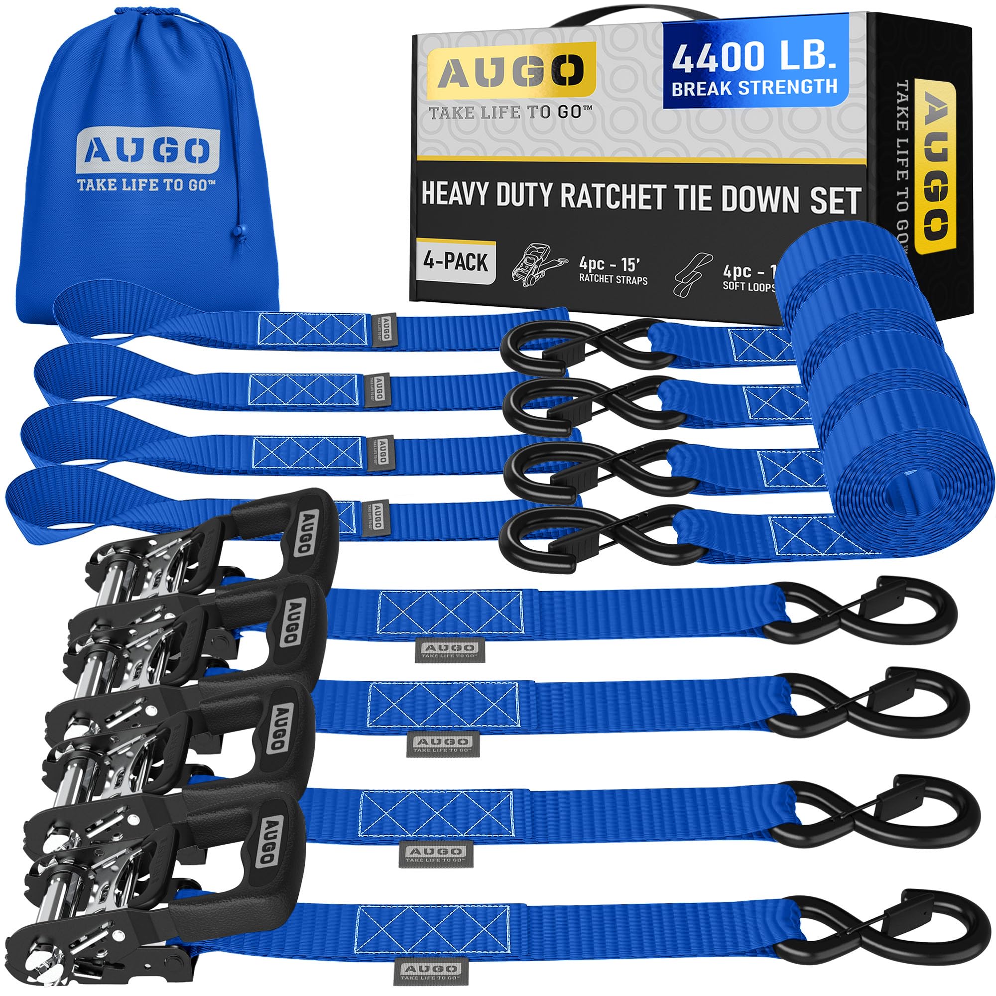 AUGO Ratchet Straps Heavy Duty 4 Pack -15 FT - 2200 LB Break Strength – with Safety Lock S Hooks - Cargo Straps for Moving, Appliances, Motorcycle – Soft Loop Tie Down Straps — view 28