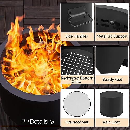 Miniatura 9 de Yaheetech Fogata sin humo para jardín, patio, campamento, con alfombrilla de silicona para hogueras, póquer de fuego, cubierta de lluvia, tapa y