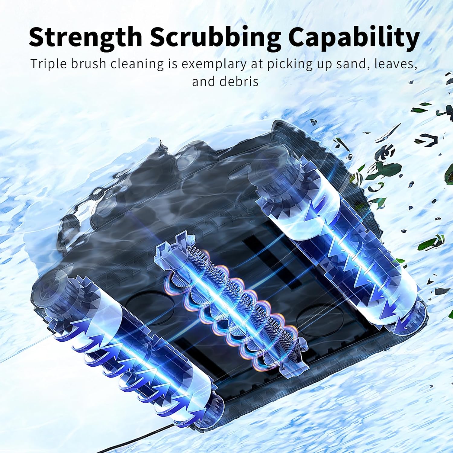 عن قرب view of the Lydsto P1's triple brush system scrubbing the pool floor