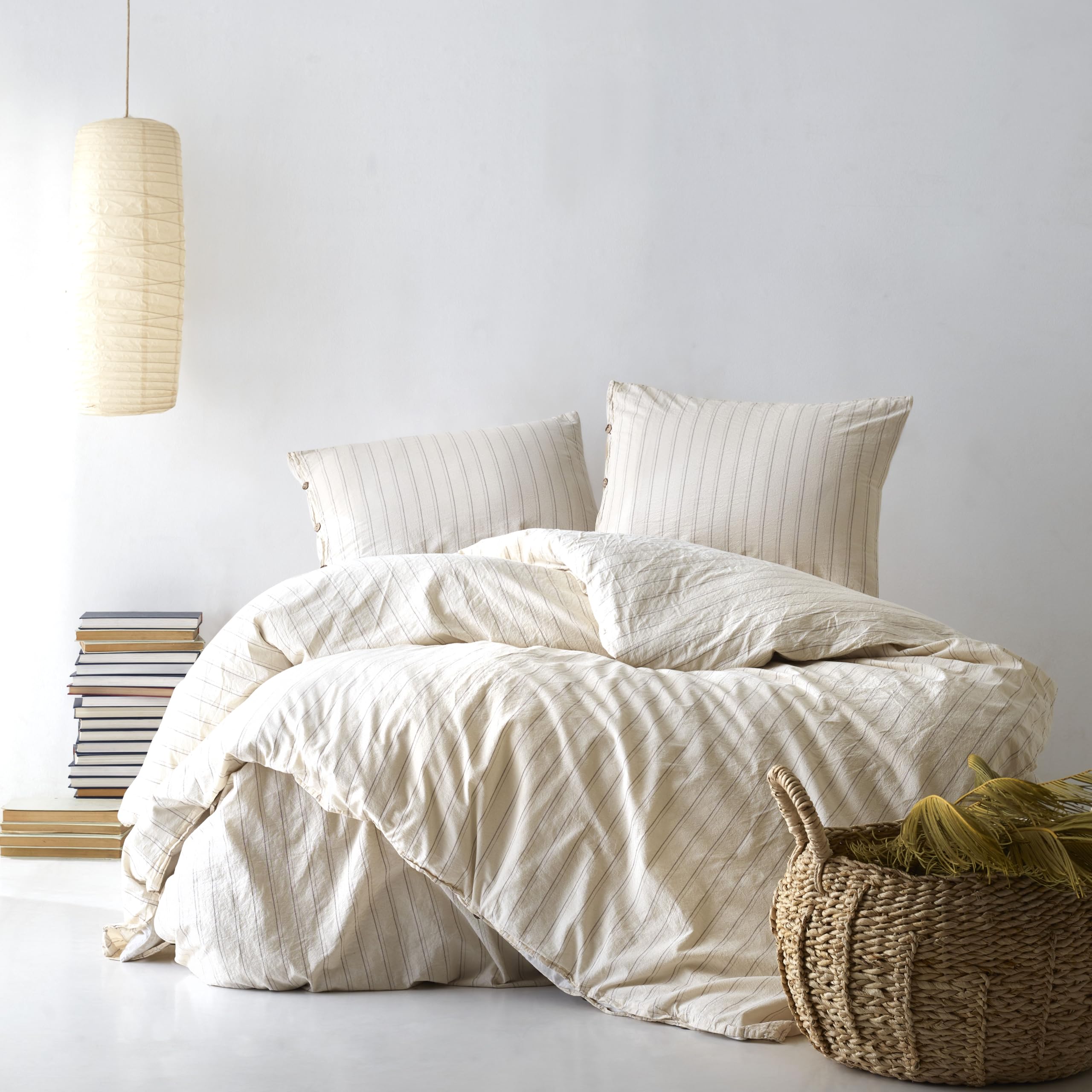 LILENSE 100% Cotton King Size Duvet Cover Set - Washed Yarn Dyed, Striped 3pcs Bedding with Pillowcases, Button Closure (Cream) โ image 1