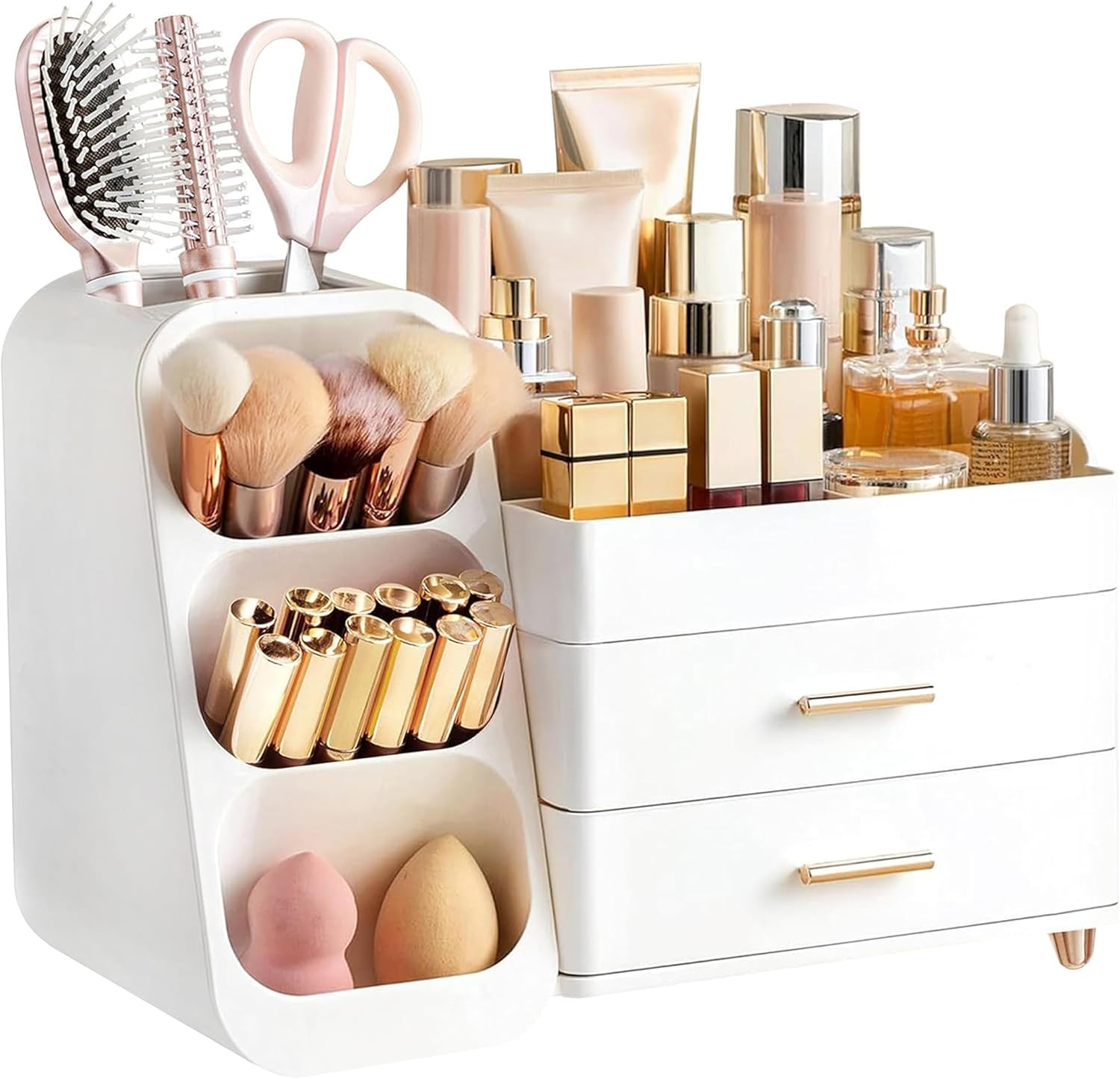 HBlife Makeup Kosmetik Organizer mit Schubladen, Pinsel Organizer, 3-in-1 Plastic Kosmetik Aufbewahrungsbox, Schmink Aufbewahrungskasten Große Lagerung Weiß