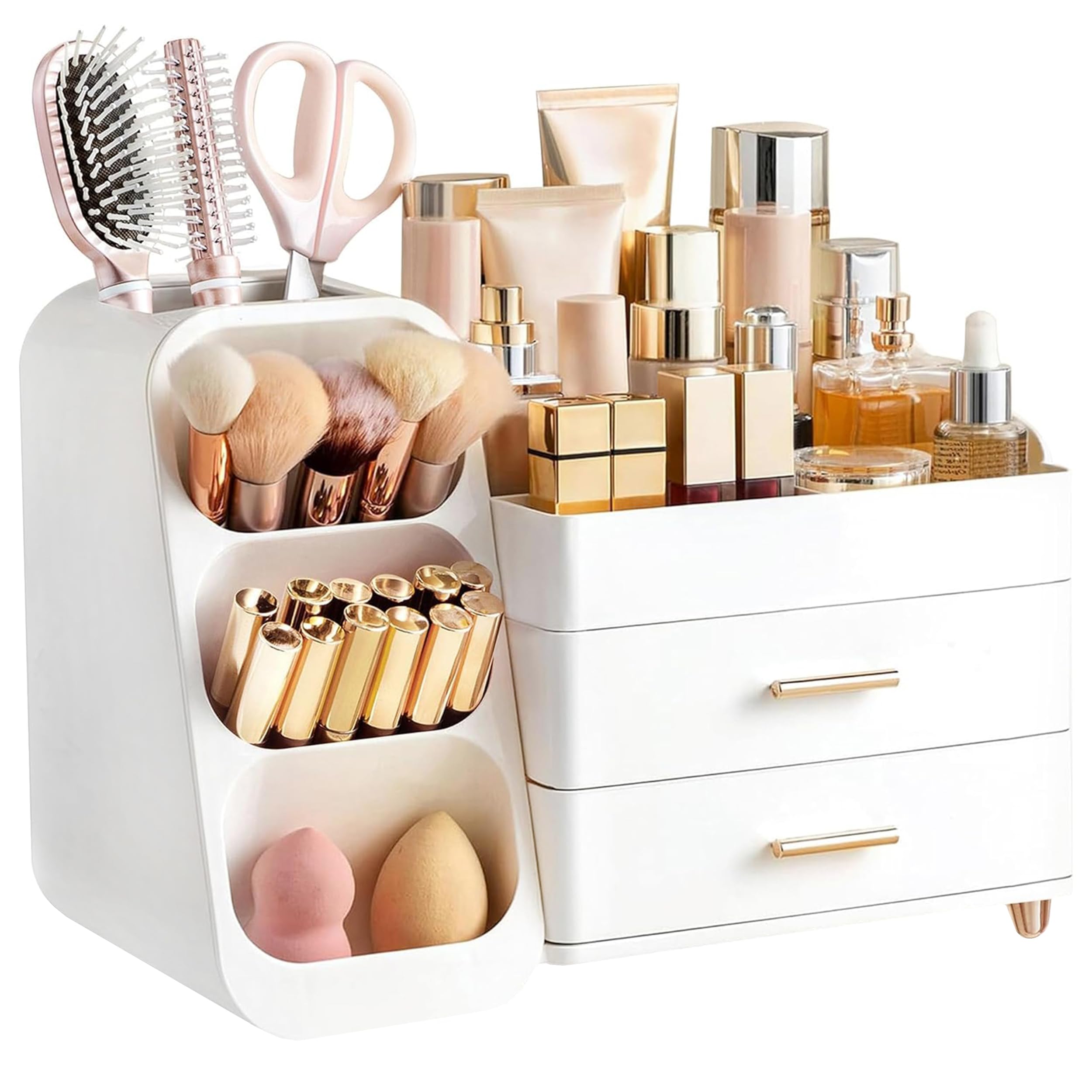 HBlife Makeup Kosmetik Organizer mit Schubladen, 3-in-1 Plastic Aufbewahrungsbox, Große Lagerung Weiß