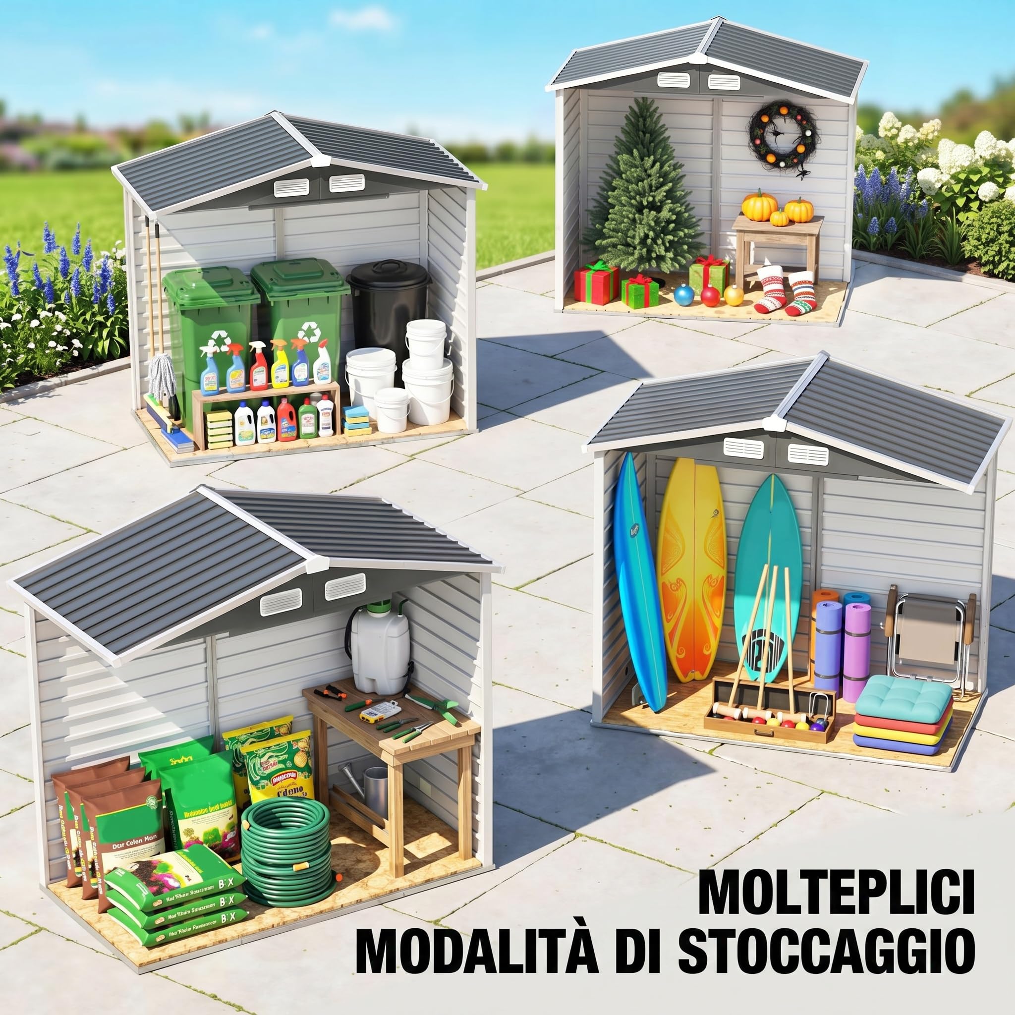 Outsunny Casetta da Giardino 2.36 m² Lamiera d'Acciaio 4 Prese d'Aria 2 Porte Scorrevoli Capanno Porta Attrezzi Tetto Inclinato 213x120x194 cm Grigio Scuro