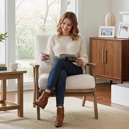 Miniatura 17 de Silla decorativa moderna de mediados de siglo con otomana, juego de sillón tapizado de lino de granja y otomano, silla de descanso retro de 23