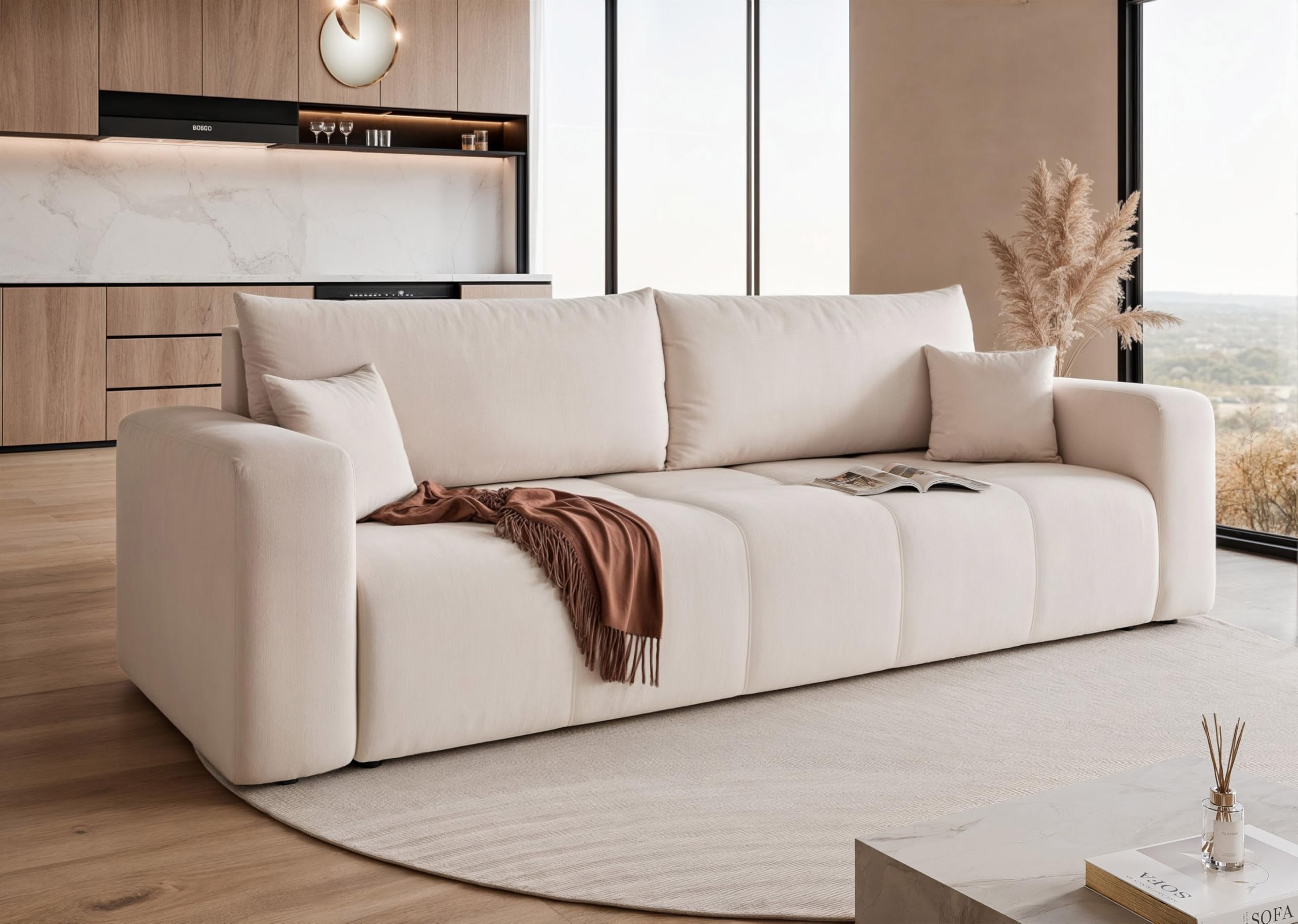 93x244 Sofa mit Schlaffunktion (125x200) und Bettkasten (Massivholz + MDF) mit dekorativen Nähten auf der Sitzfläche