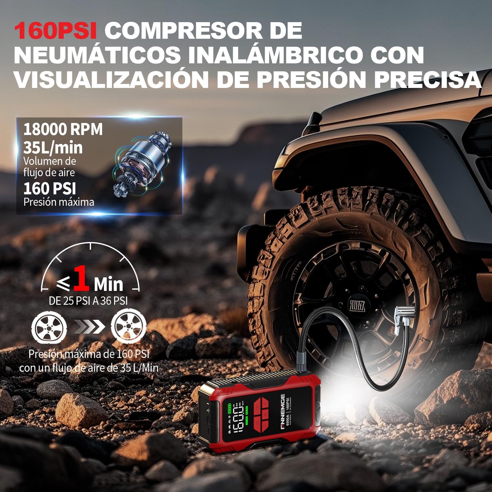 FNNEMGE Arrancador de Coches 6500A 26800mAh con 160PSI Compresor de Aire, Arrancador Batería Coche (para Todos los vehículos de Gasolina o de 10,0L de diésel), con Salida USB, 2 Luz LED, Pantalla HD.