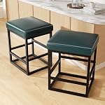 Tabourets de comptoir de hauteur de bar 2, 24" Tabourets pour comptoir de cuisine, Tabouret de comptoir en cuir faux avec des sièges carrés épais & Base métallique robuste (Beige)