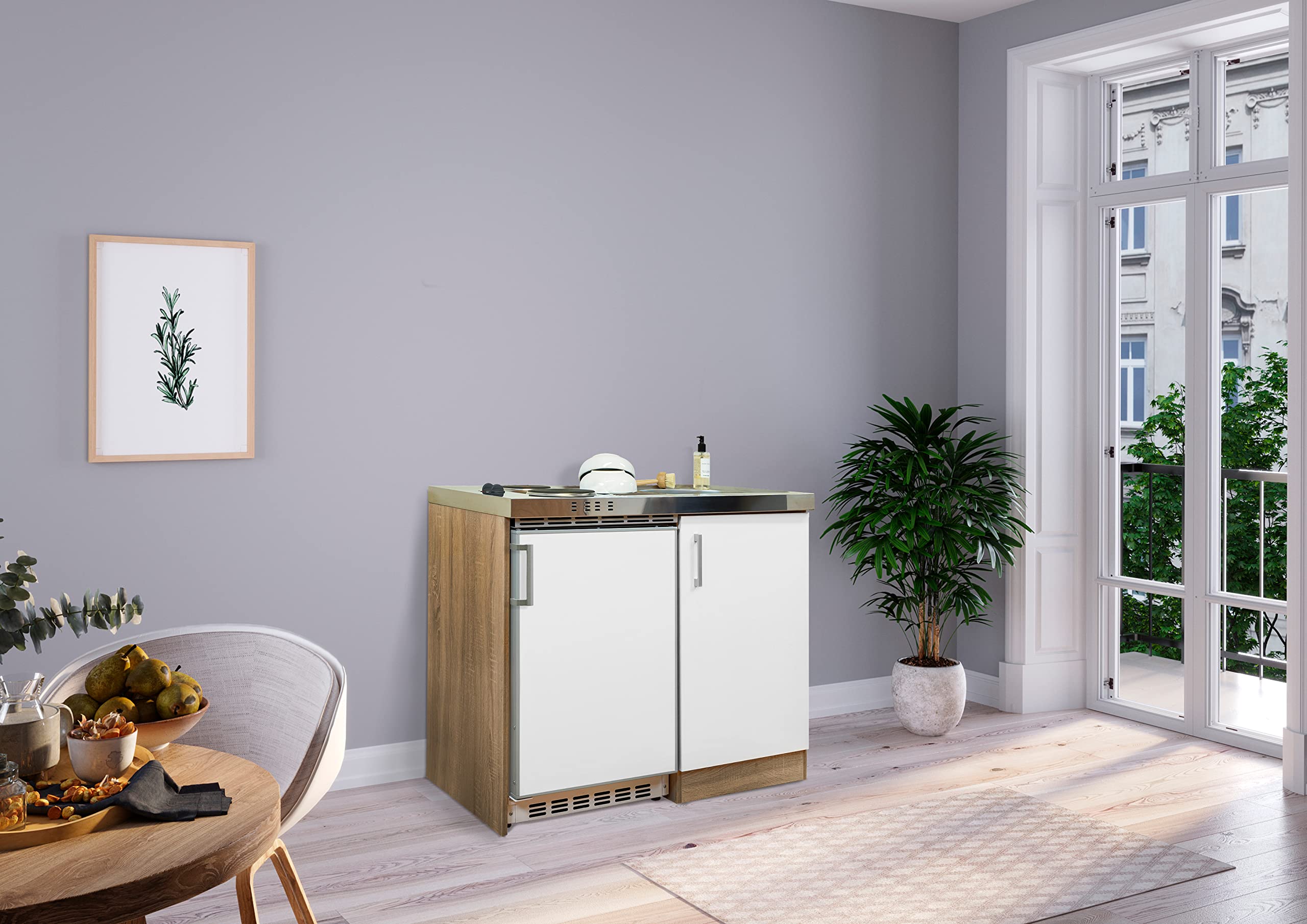 respekta Cucina mini cucina singola angolo cottura pantry rovere bianco Levin 100 cm