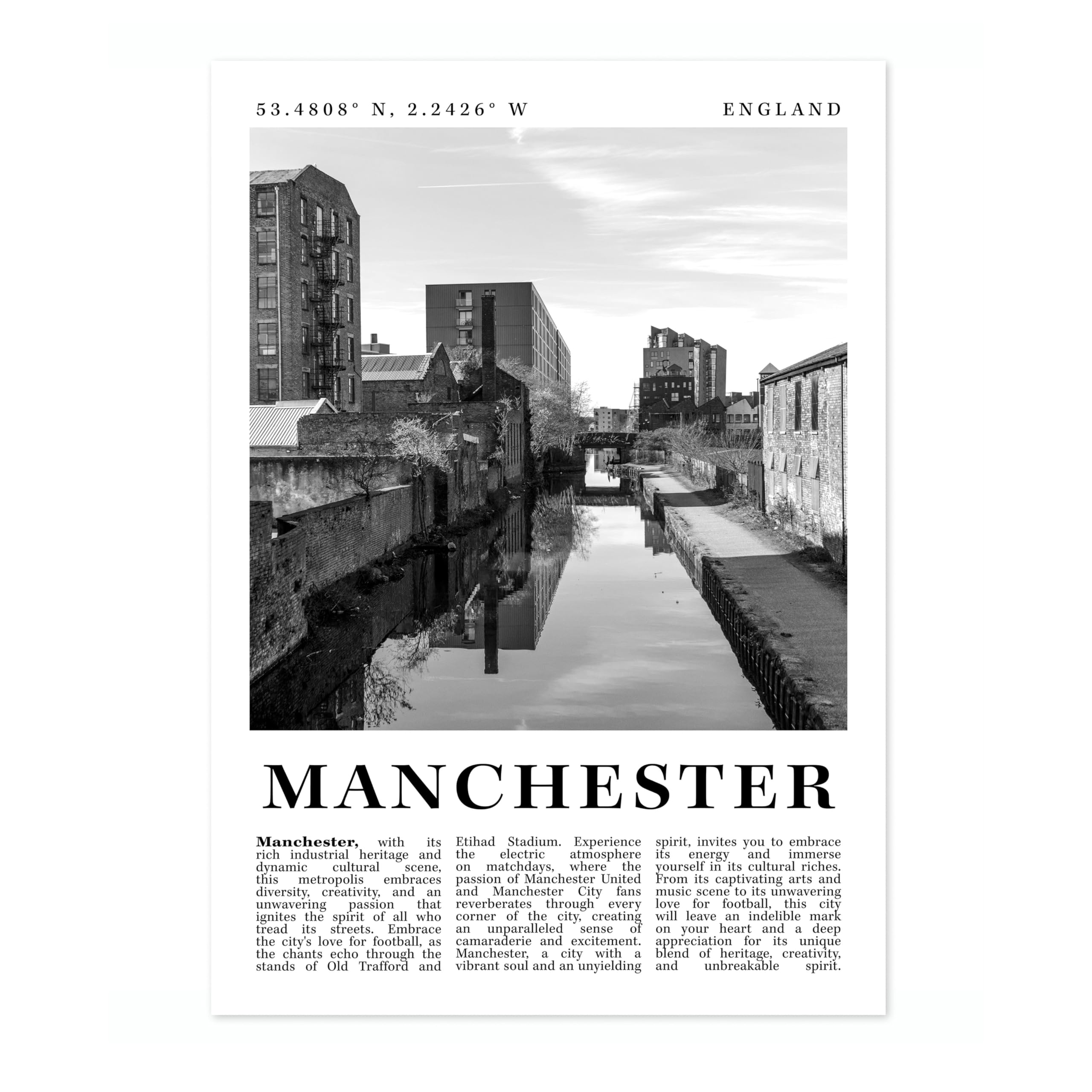 Manchester - England England Travel Poster, Black And White Photographic City Destination Print, Britain Picture, Living Room Decor, Archival Matte, A1 (Print Only) - 84.1x59.4cm