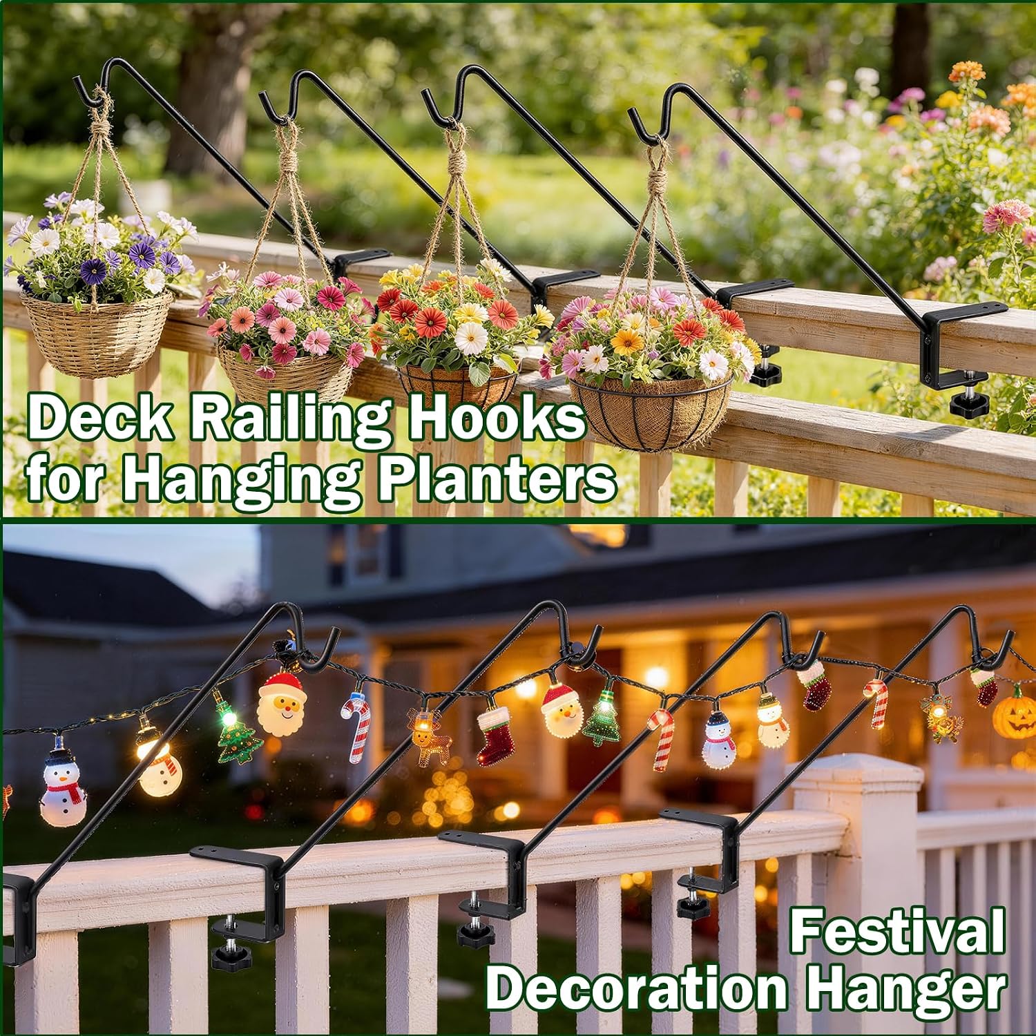 11 Inch Deck Railing Plant Hanger,2 Pack Deck Hooks Hanger for Railing Heavy Duty,Solid Iron Shepherds Hook for Deck Railing & Bird Feeders for Outdoors,Plant Hanger Bracket for Balcony,Porch