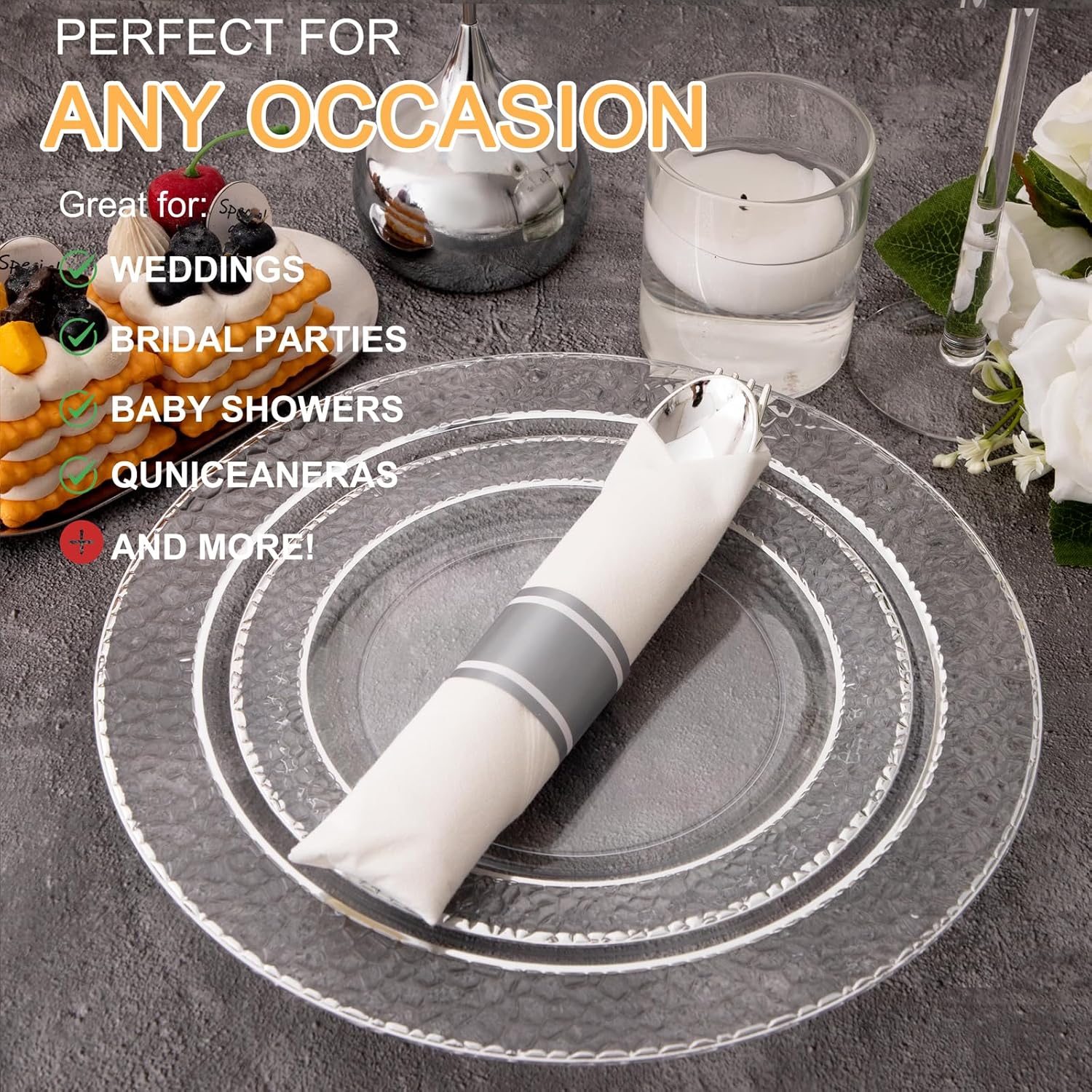 400PCS Pre Rolled Silver Plastic Silverware Sets - Heavy Duty Hammered Silver Cutlery - Include 100 Pack Wrapped Disposable Utensils with Napkins for Parties & Dinners & Weddings - Image 4