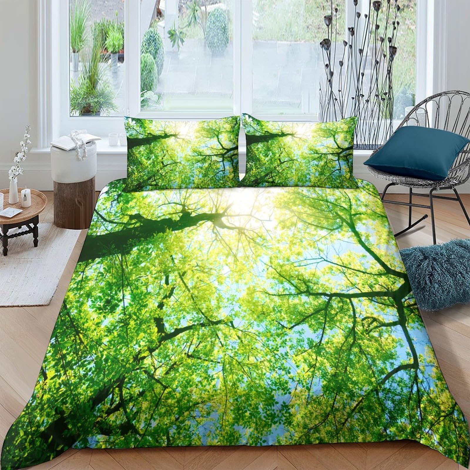 GPLZQXKJNH 3D Printed Forest Sunlight Duvet Cover Microfiber Soft Breathable Tree Canopy Bedding Set with 2 Pillowcases for Bedroom Decor Single（135x200cm）