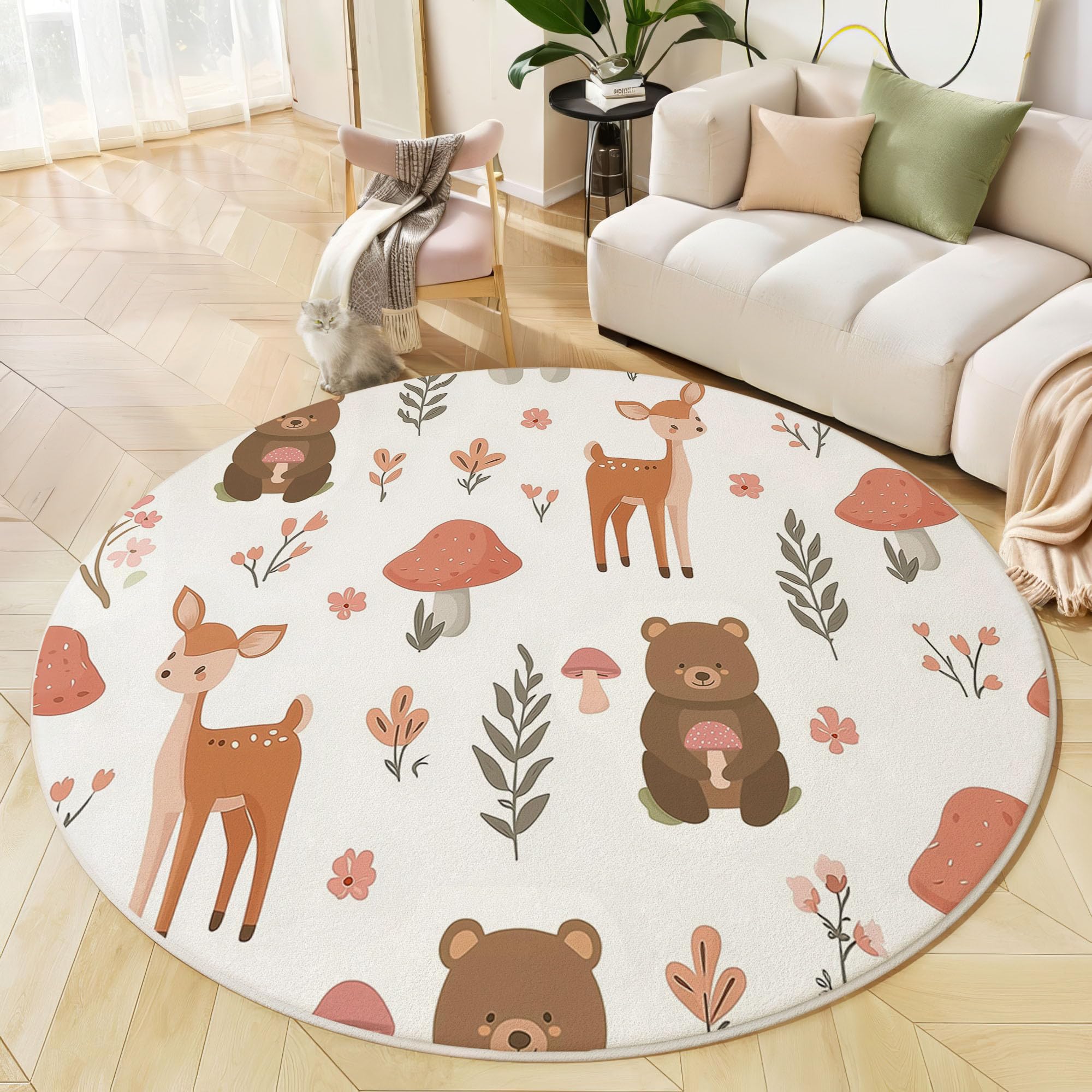 Kinder Teppich rund 120cm – Waschbar & rutschfest | Waldtiere Bären-Hirsch-Pilz für Jungen & Mädchen – Kinderzimmer, Babyzimmer, Wohnzimmer – Orange-rosa