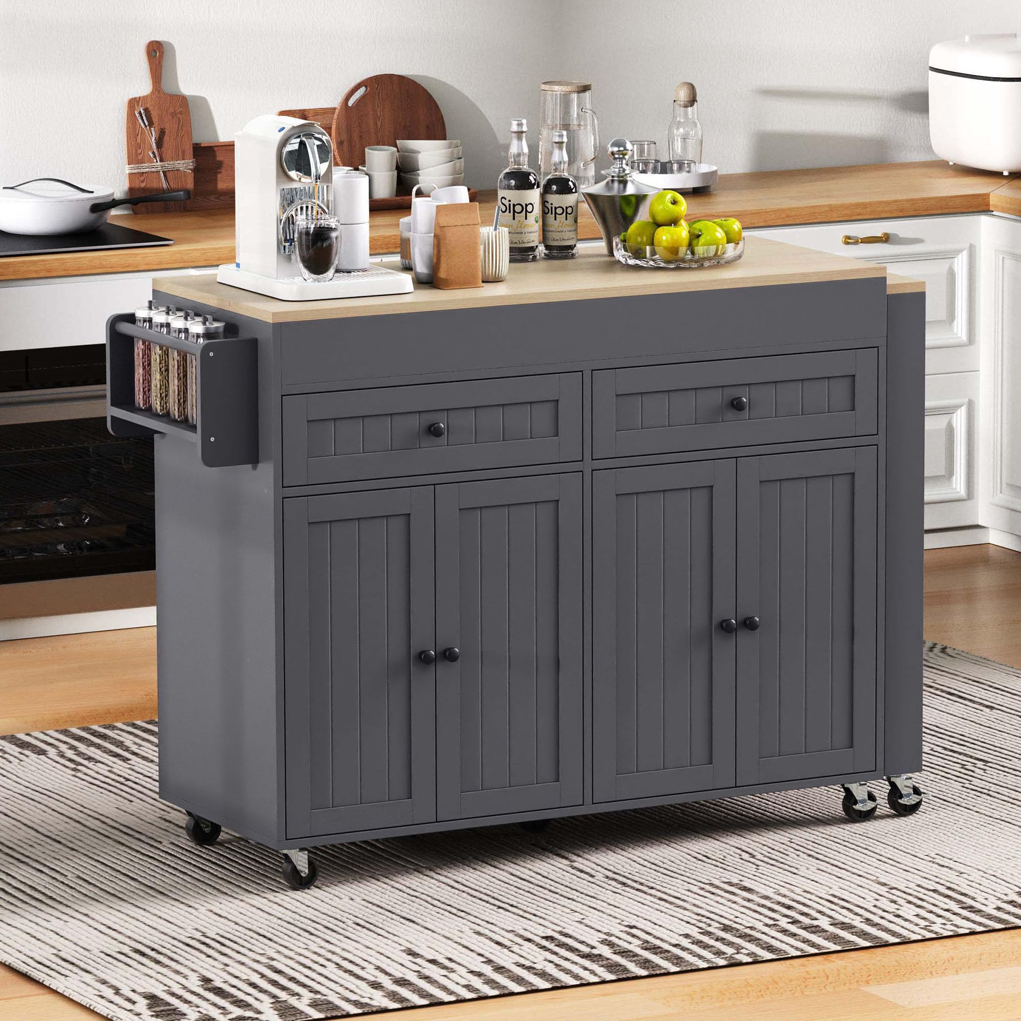 Isola da cucina su ruote con 2 cassetti, 4 ante, piano di lavoro allungabile, tavolino bar allungabile con spazio di archiviazione, tavolo estensibile, per 2-6 persone, carrello da cucina