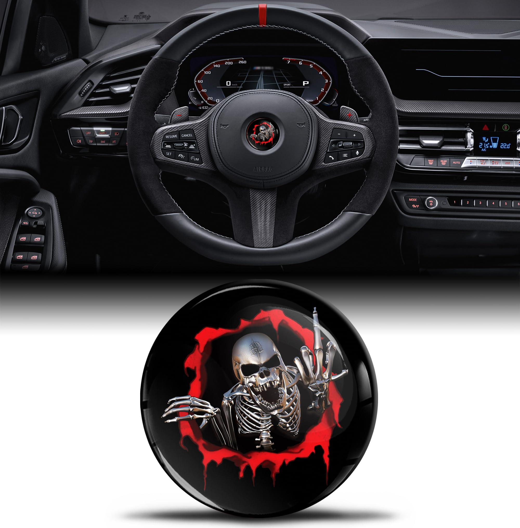 3D Silicone Sticker Compatible with BMW 36131181082 Emblem Steering Wheel 45 mm Badge Accessories Parts Decals Steering Wheel Decoration Skull V 24