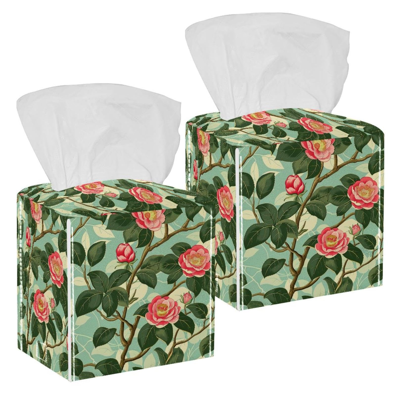Camellia Printing Tissue Box Cover, 2 Pack PU Leather Square Facial Tissue Dispenser Box holder for Home Office Car