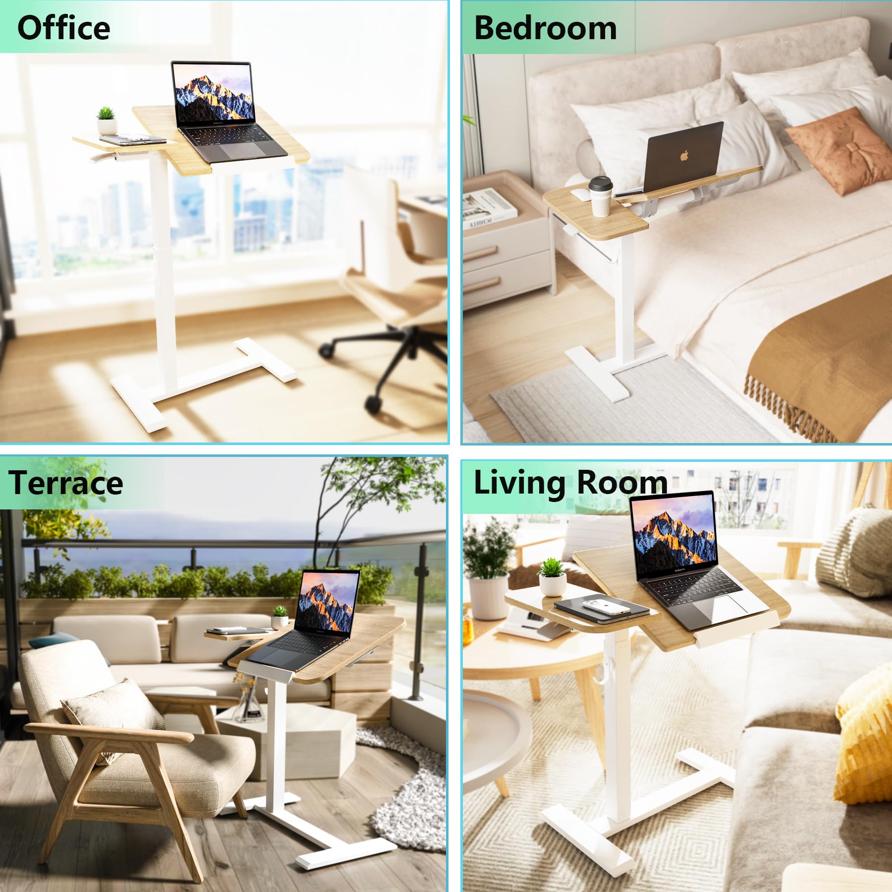 ETHU Tavolo per computer portatile regolabile in altezza, tavolino multifunzione con piano di lavoro inclinabile e ruote incassate, tavolo da letto portatile ergonomico per ufficio e casa (quercia)