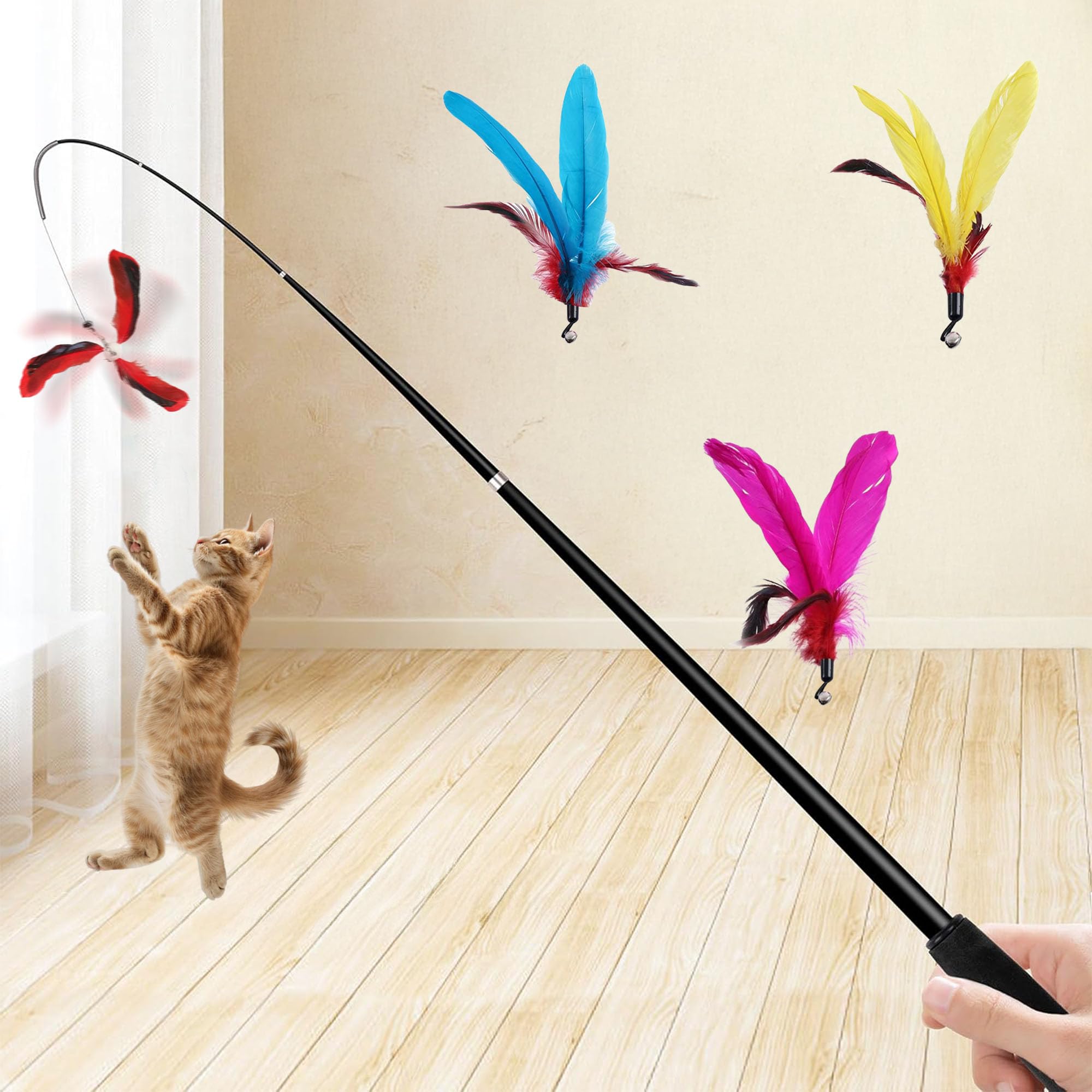Hi Pets- Cat Wand with 4 pcs Natural Feathers, for Indoor Cats. 72 inches, cat Telescopic Wand 6 ft. Long and Flexible cat Teaser for More Fun and exitment.