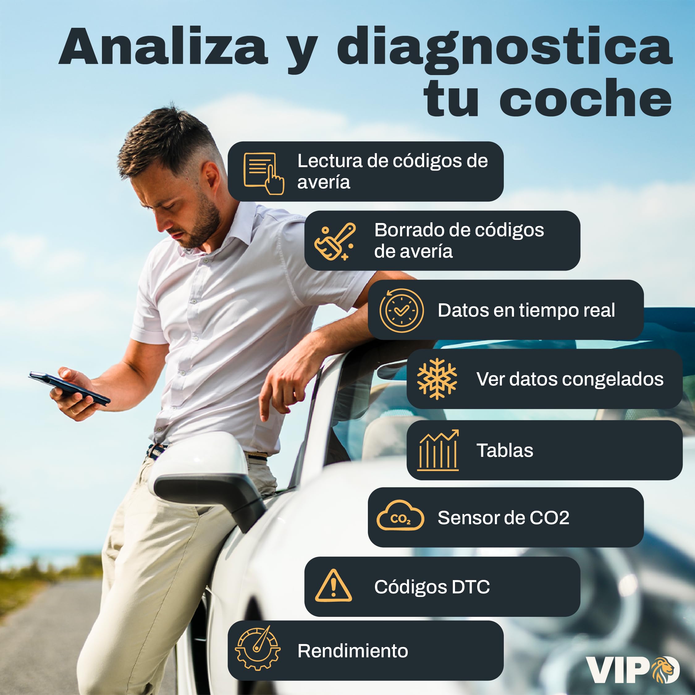 VIPO OBD2 Diagnosis de Coche Multimarca | Escáner ELM327 Original | Lector de Fallos y Errores del Motor | Herramienta de Análisis Compatible con Android y Windows — view 2