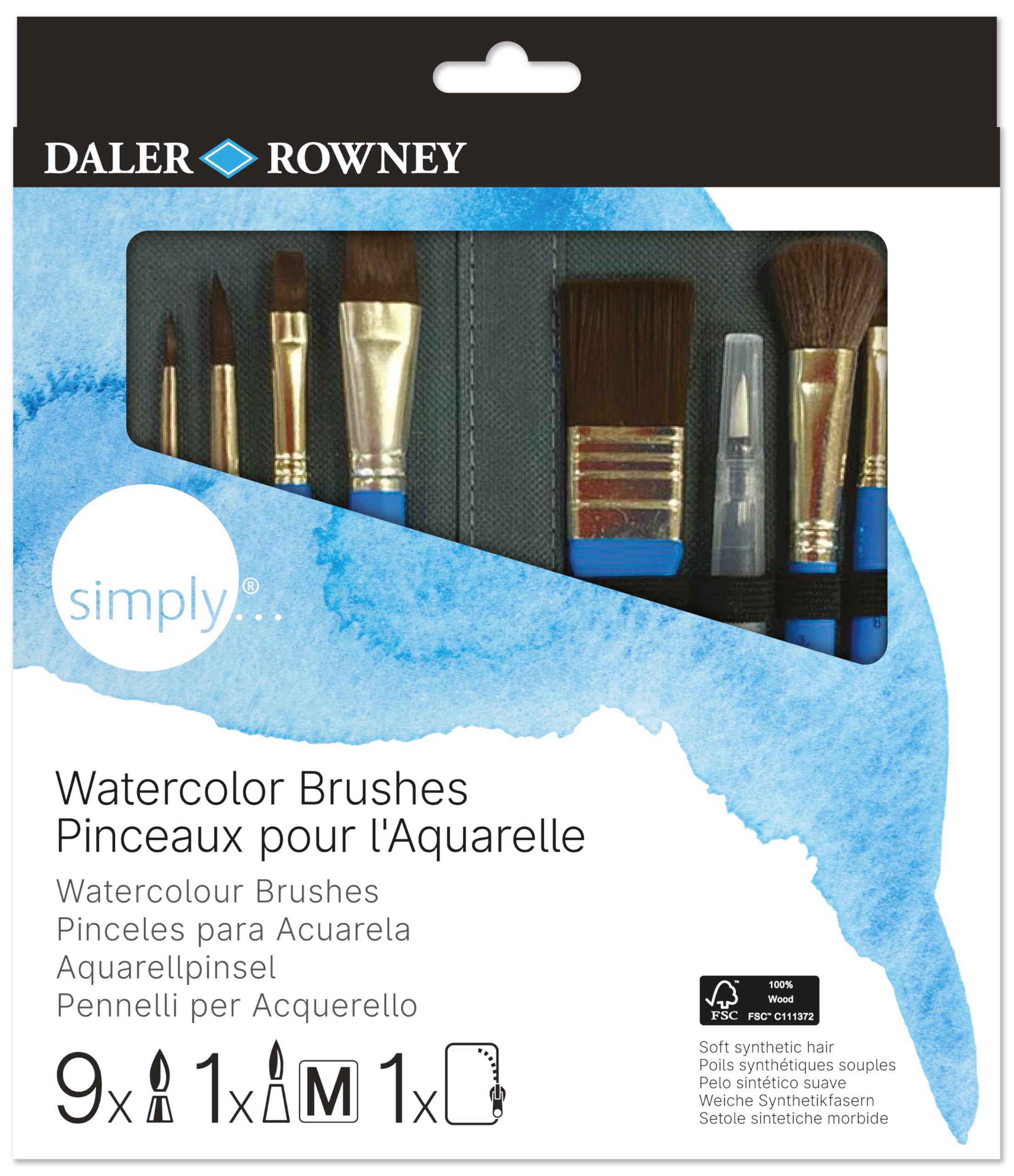 Daler-Rowney Simply Natural Pony Hair Watercolour Brush Set with Short Handles, 10 Assorted Brushes with Zip Case, For Entry-Level Artists & Hobbyists