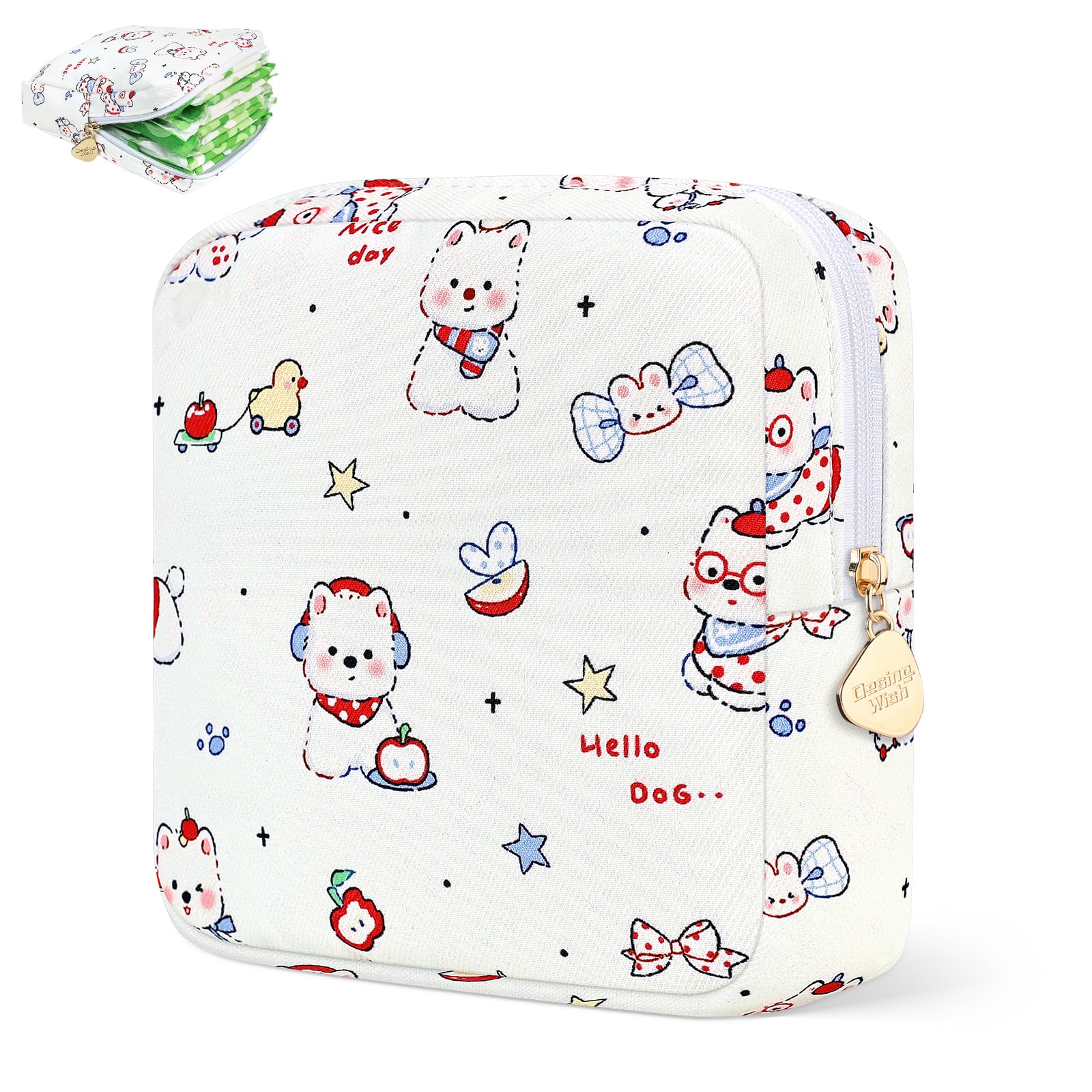 Sanitary Pad Storage Bag Portable Period Bag for Teen Pads/Sanitary Napkins/Small Tampons, Sanitary Napkin Storage Bag First Period Gifts for Teen Girls (White Puppy)