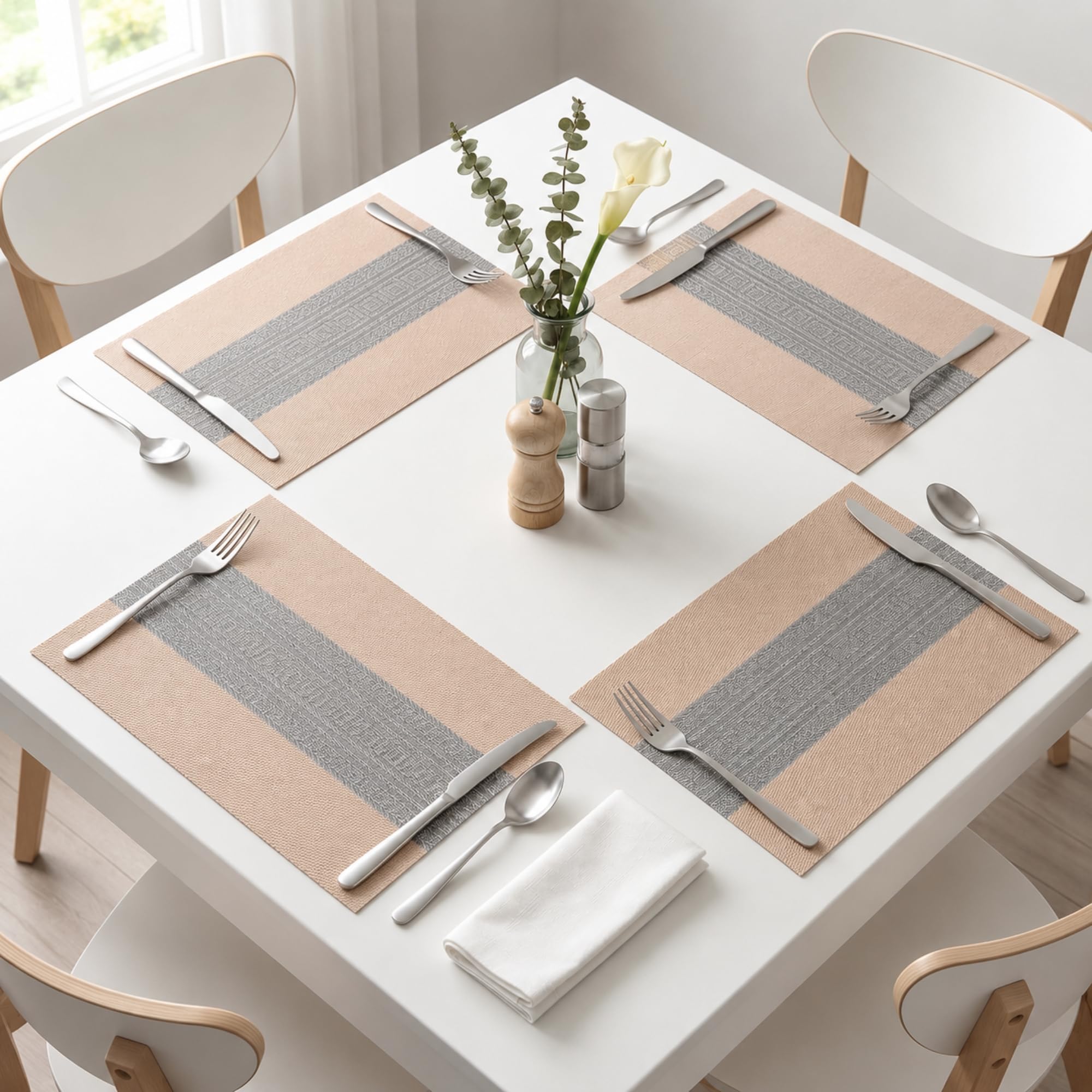 daiDokoro Rectangular Crossweave Woven PVC Vinyl Non-Slip Insulation Heat-Resistant & Waterproof Stain Resistant Washable Placemat for Dining & Kitchen Table-(Almond Beige, Set of 4)