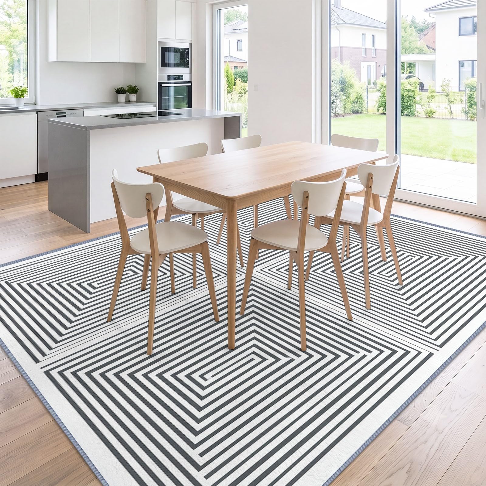 Tapis Salon Minimaliste Labyrinthe Géométrique Rayures 160 x 230 cm, Tapis Antidérapant Moderne Ne Perde Pas de Peluches, Lavable en Machine pour Chambre, Salle à Manger, Bureau à Domicile