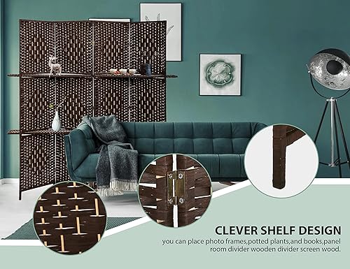 Miniatura 3 de Divisor de habitación, 4 paneles divisores de habitación de 6 pies de alto con 2 estantes de madera extraíbles, pantalla de privacidad de diseño