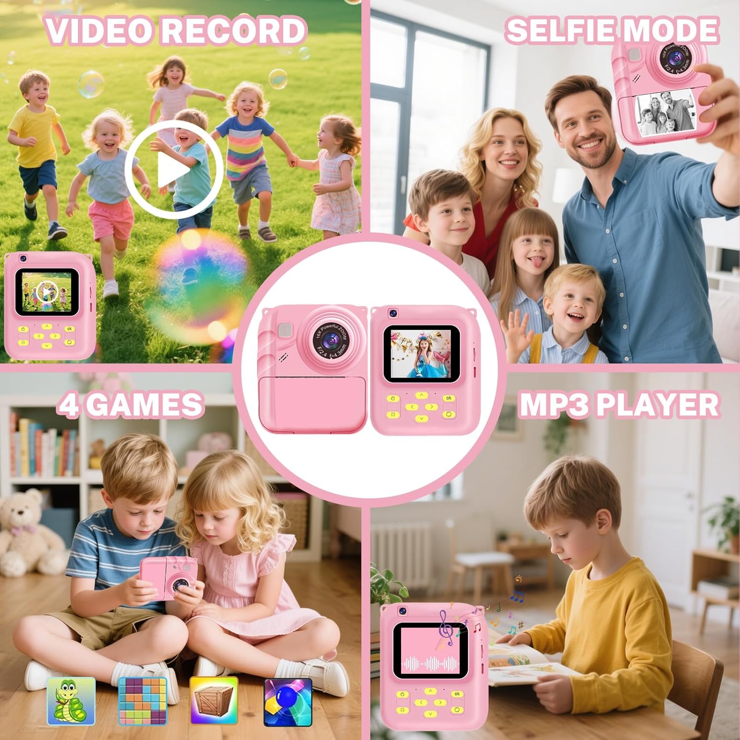 Instant Print Camera for Kids, 1080P Video Camera with 3 Print Rolls, 32GB Card & Cute Cover, Gift for Girls Boys Age 3-12, Toddler Digital Camera with Games, Filters, Music – Pink - Image 3