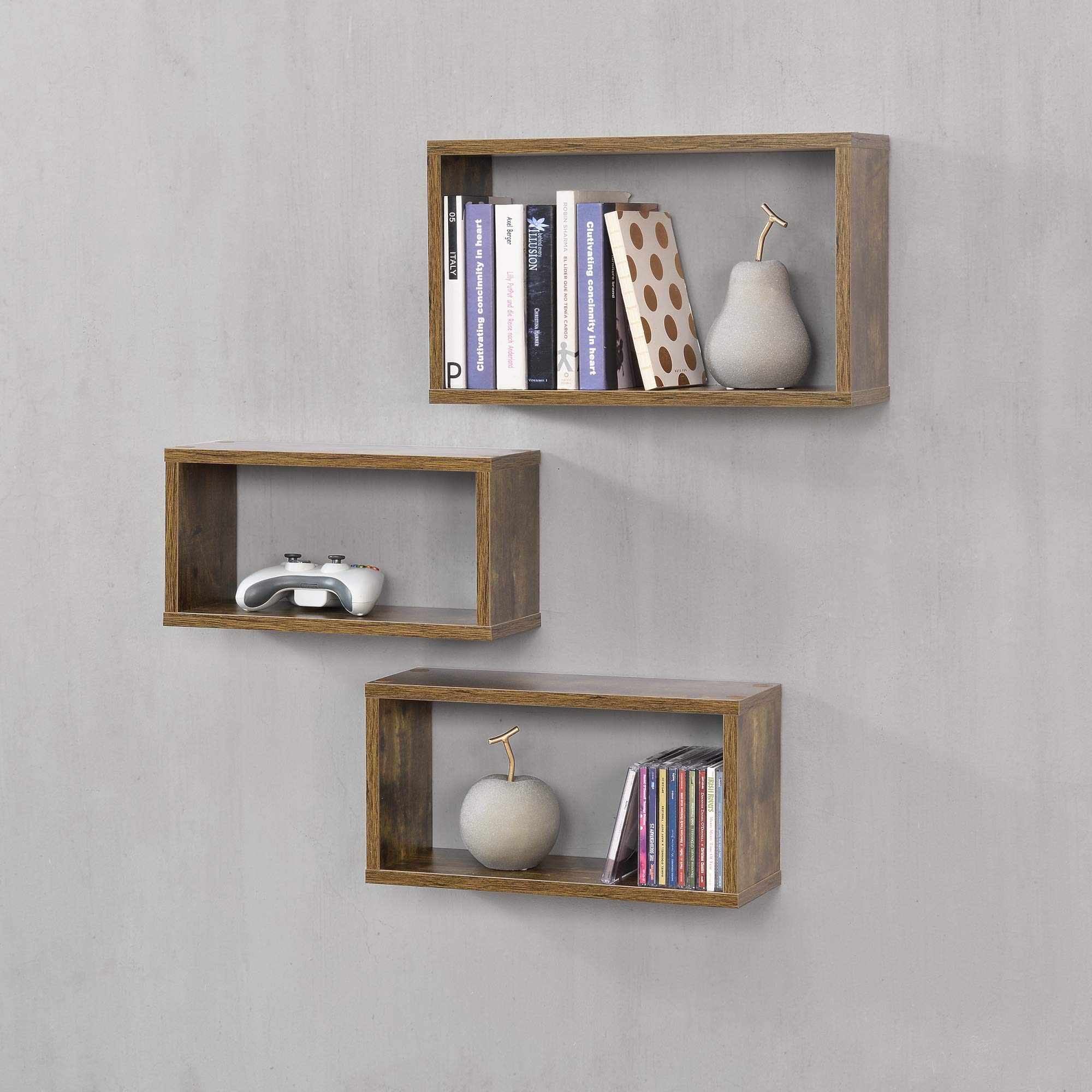 [en.casa] Set di 3 Mensole Rettangolari da Parete di Misure Diverse Ripiani Portaoggetti Modulari Sospesi a Muro per Libri Oggetti Decorativi Soggiorno Ingresso Studio - Effetto Legno Scuro